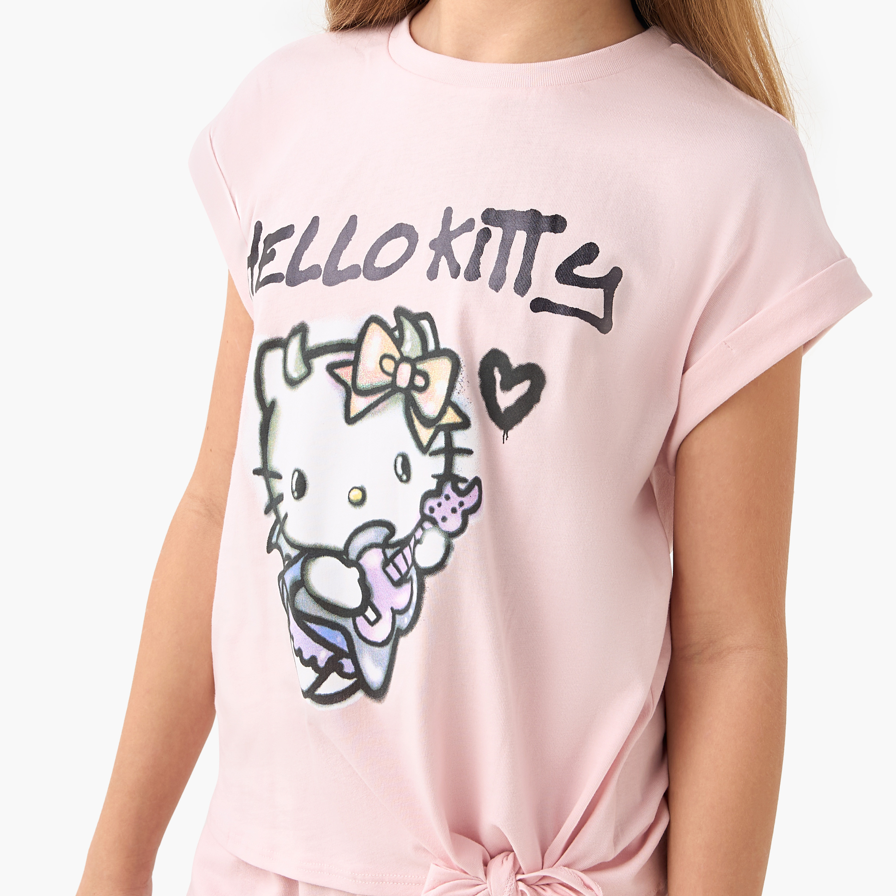 تيشيرت بأكمام قصيرة وعقدة وطبعات هالو كيتي من سانريو-girls-clothing-tshirts-image-5