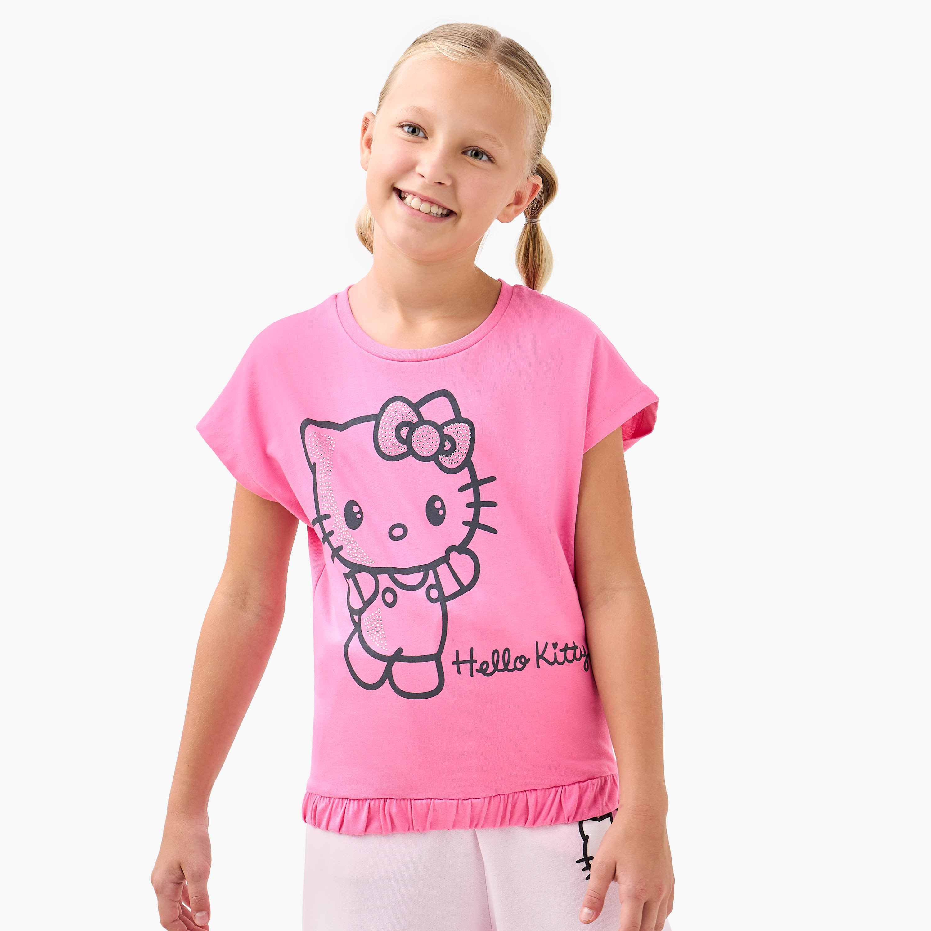 Sanrio Hello Kitty Print T-shirt with Ruffled Hem and Short Sleeves-girls-clothing-tshirts-image-1
