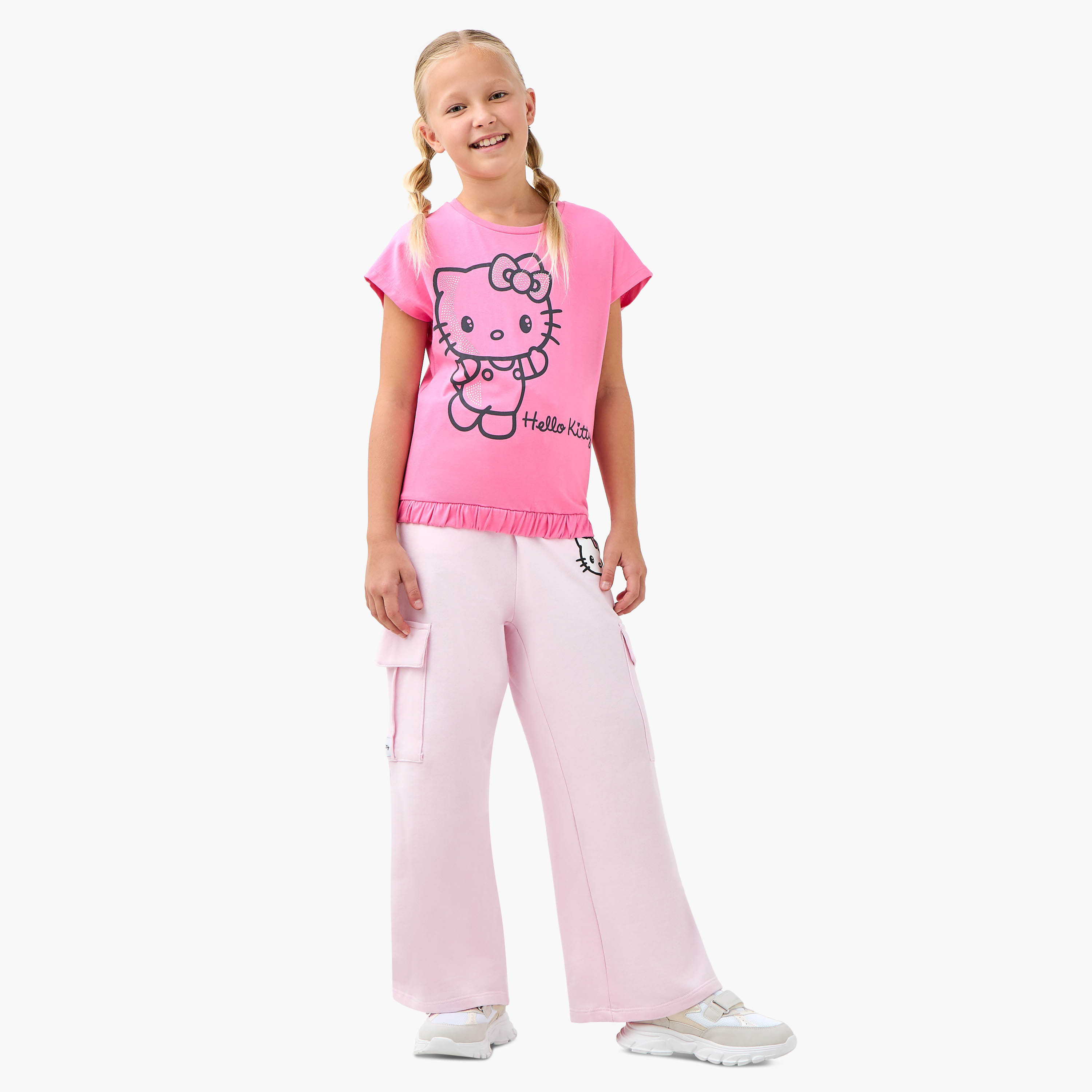 Sanrio Hello Kitty Print T-shirt with Ruffled Hem and Short Sleeves-girls-clothing-tshirts-image-2
