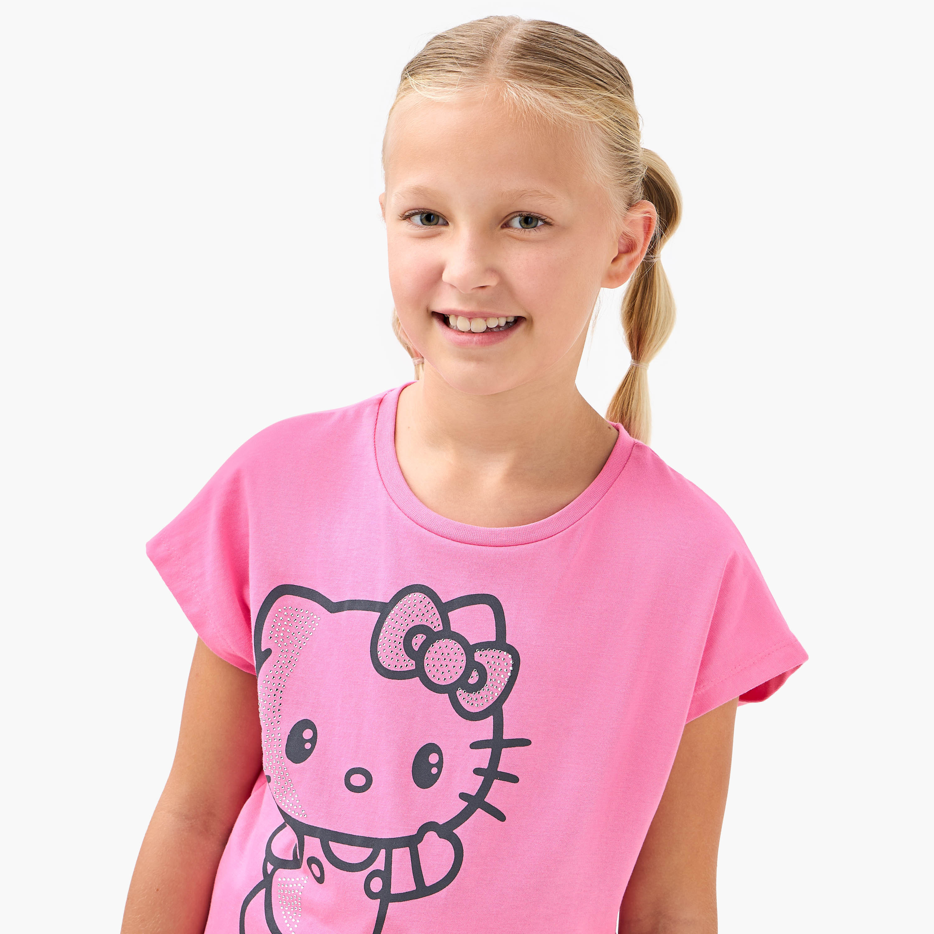 Sanrio Hello Kitty Print T-shirt with Ruffled Hem and Short Sleeves-girls-clothing-tshirts-image-4