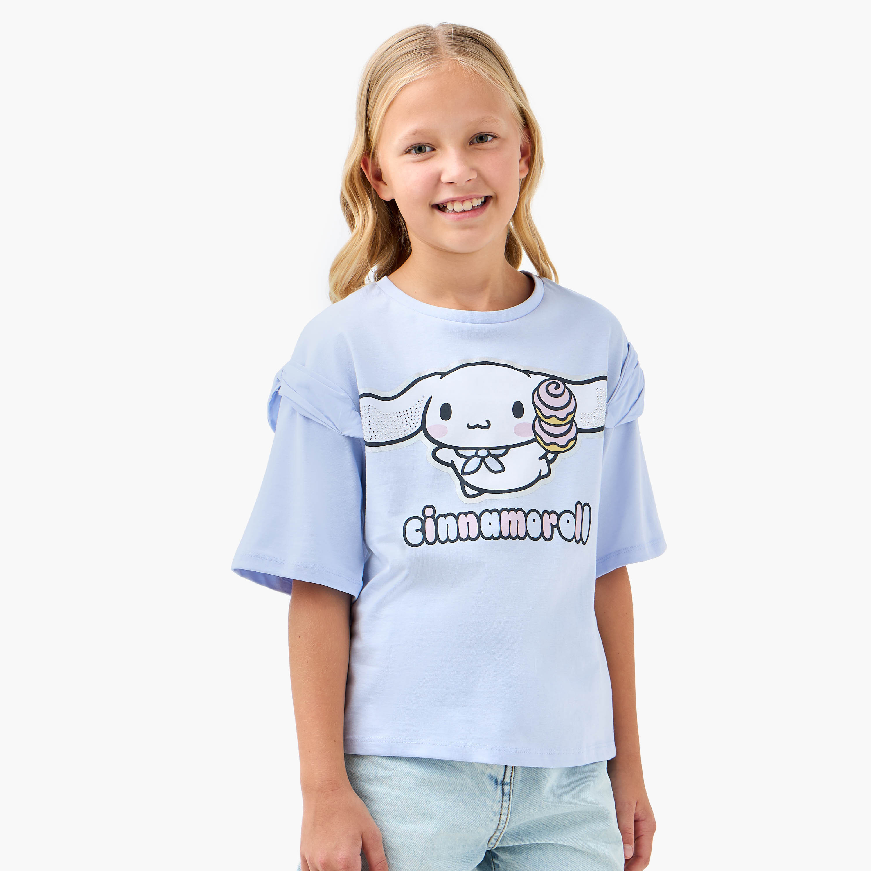 Sanrio Cinnamoroll Print T-shirt with Short Sleeves-girls-clothing-tshirts-image-1