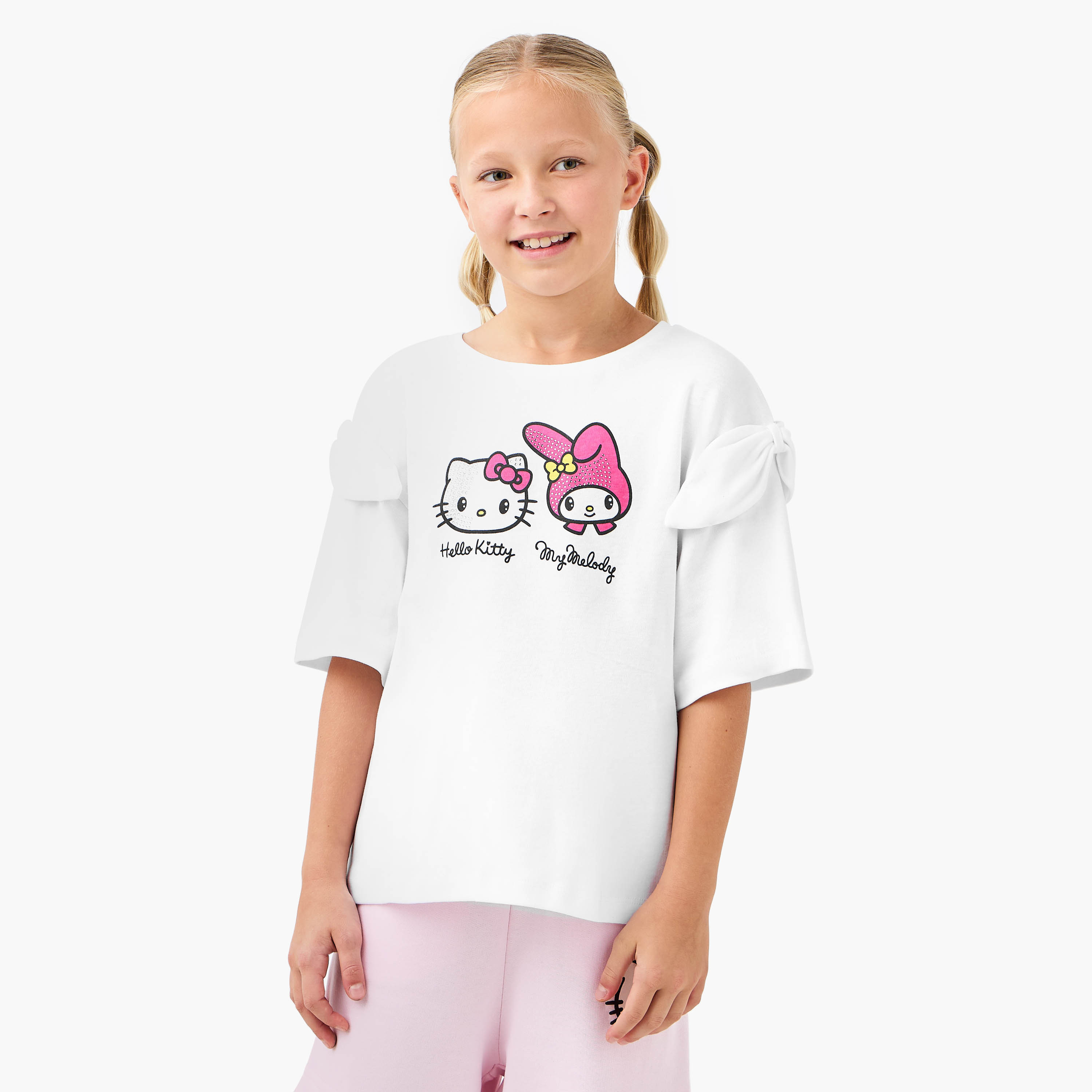 Sanrio Hello Kitty and My Melody Print T-shirt with Short Sleeves-girls-clothing-tshirts-image-1