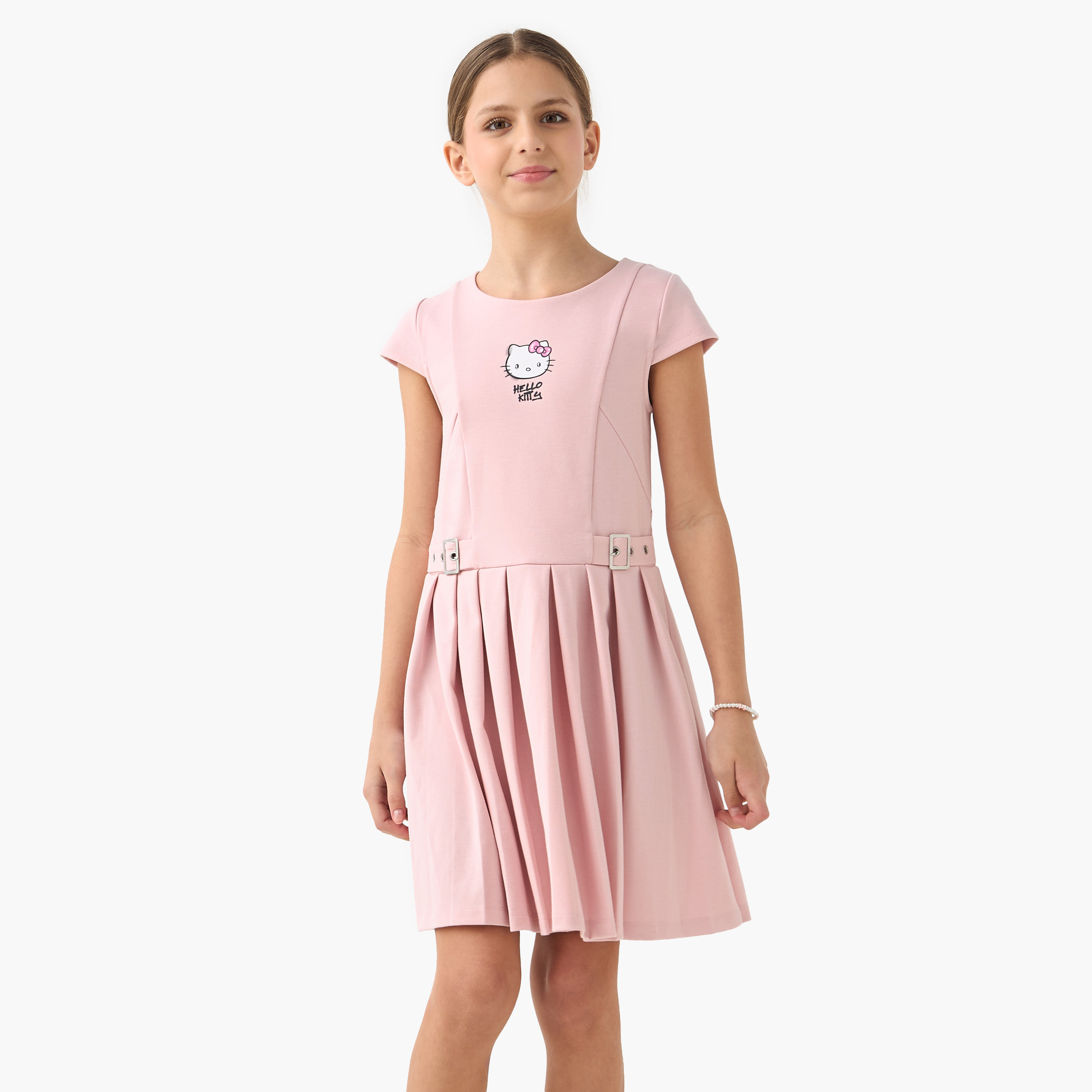 Sanrio Hello Kitty Pleated Dress with Cap Sleeves and Buckle Detail-girls-clothing-dressesandjumpsuits-image-1