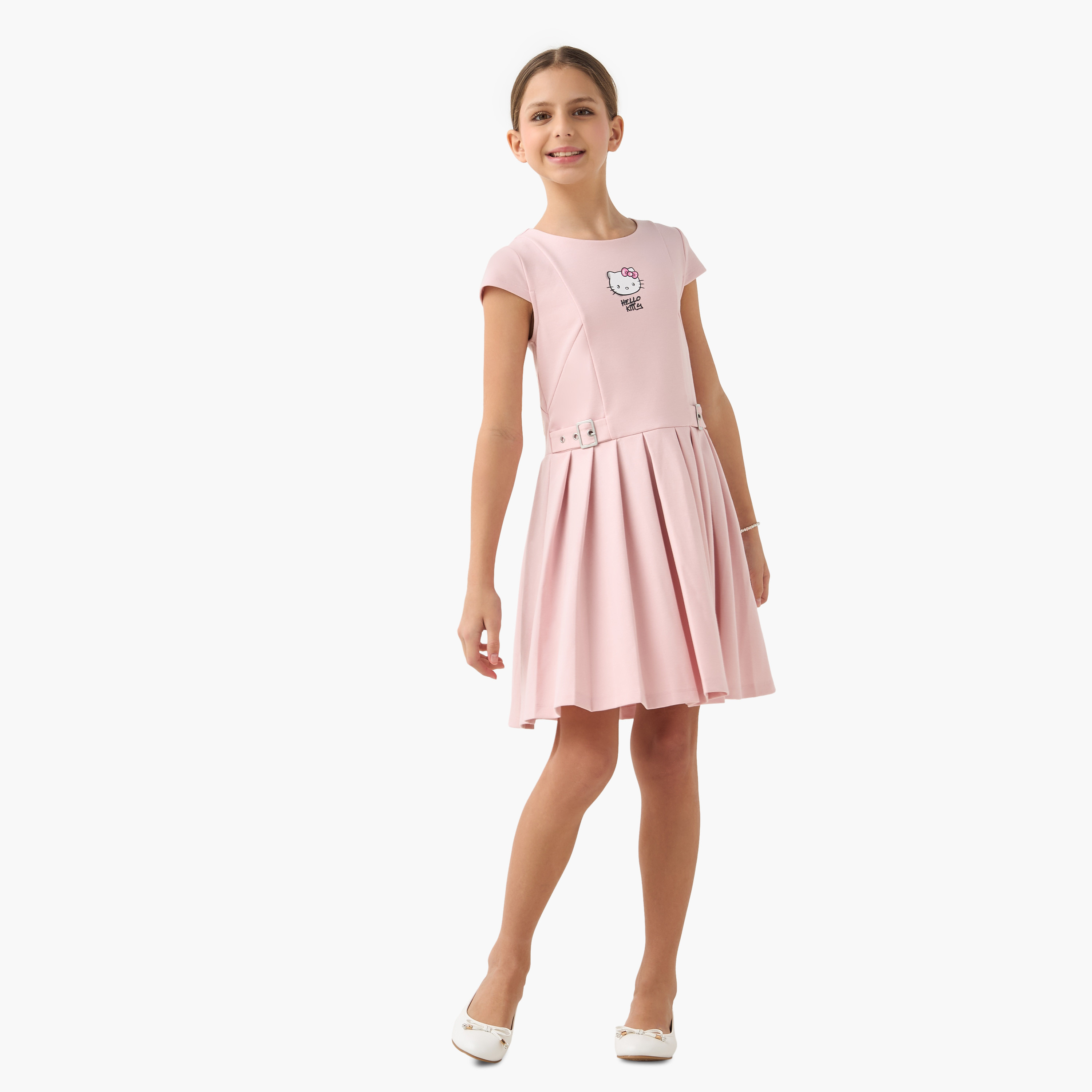 Sanrio Hello Kitty Pleated Dress with Cap Sleeves and Buckle Detail-girls-clothing-dressesandjumpsuits-image-2