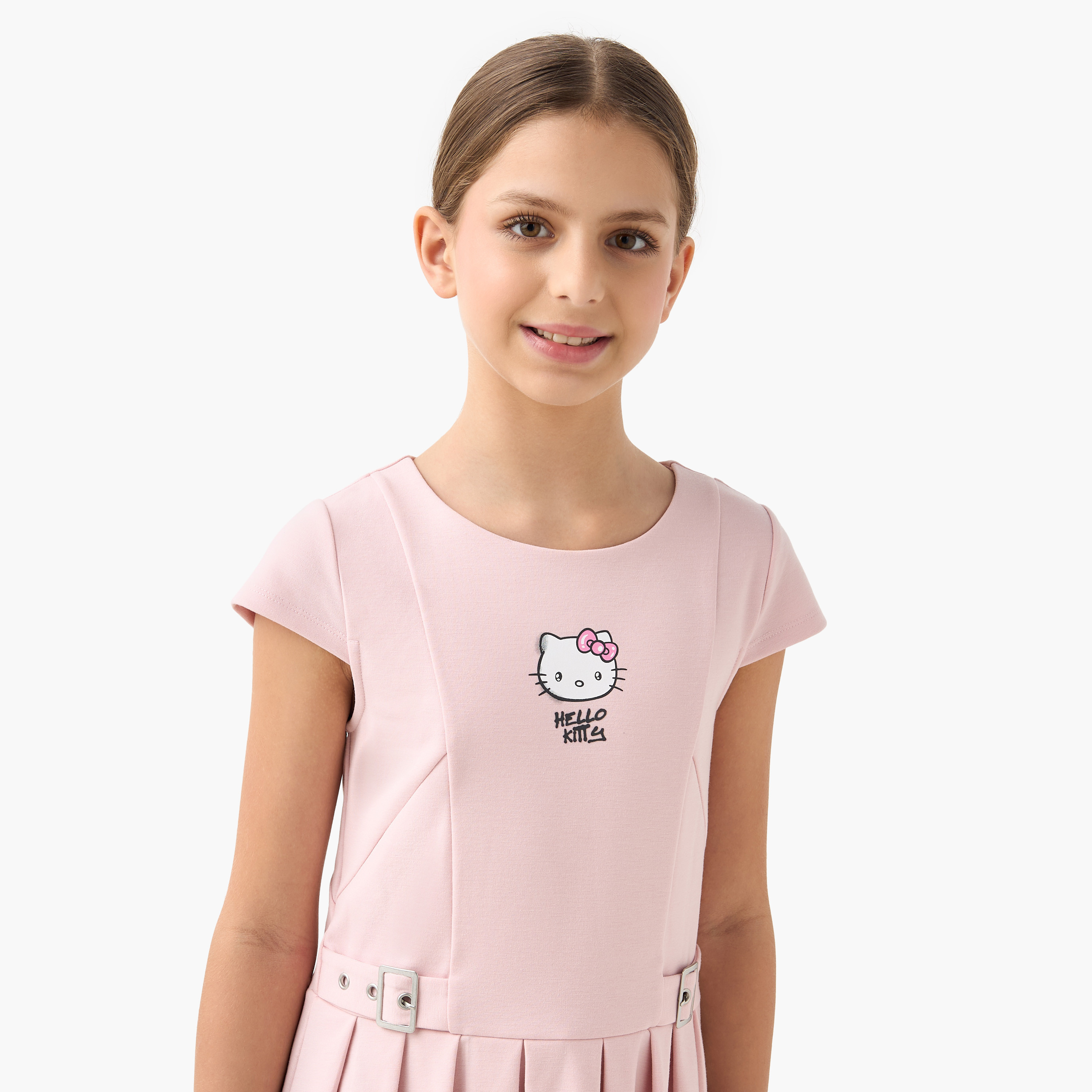 Sanrio Hello Kitty Pleated Dress with Cap Sleeves and Buckle Detail-girls-clothing-dressesandjumpsuits-image-4