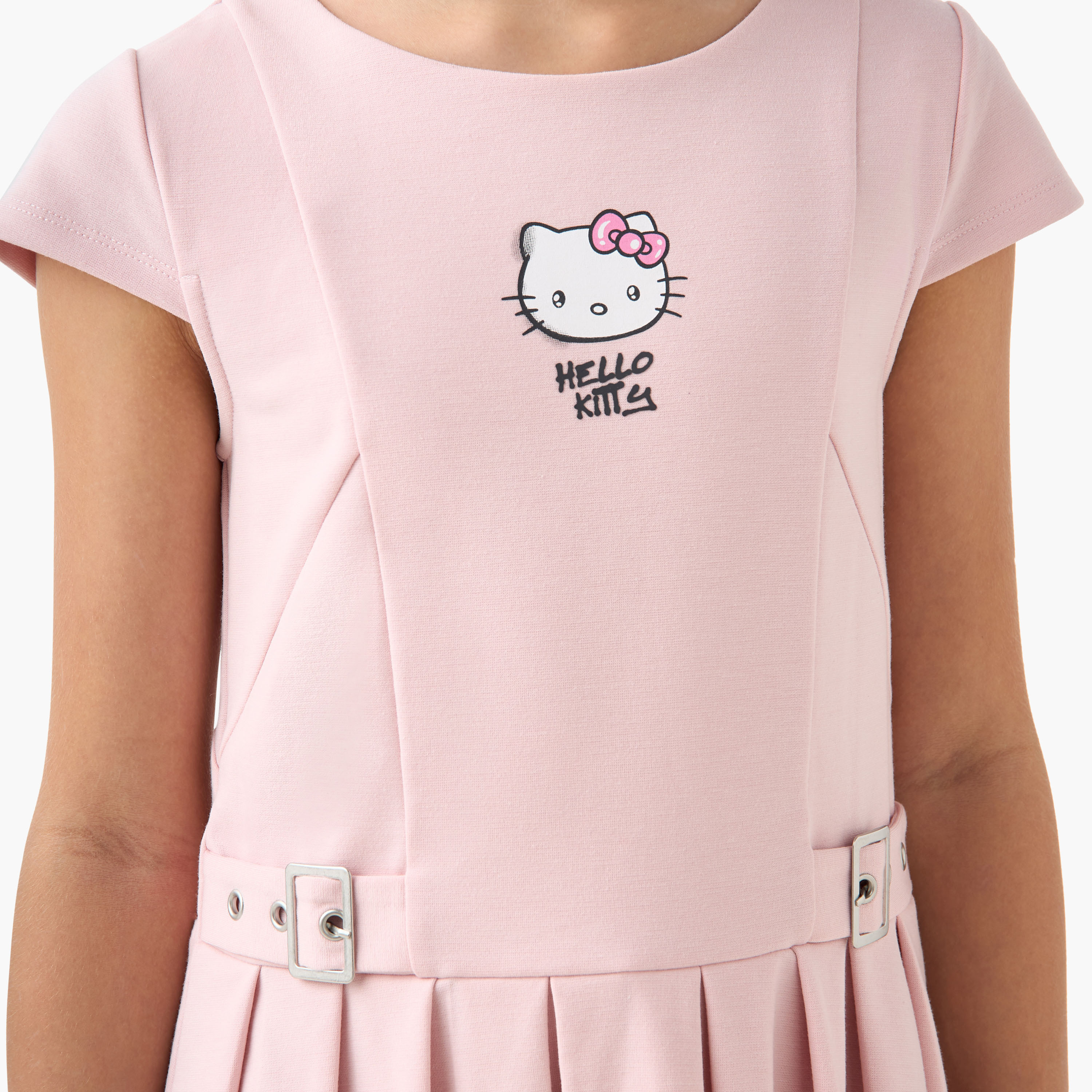 Sanrio Hello Kitty Pleated Dress with Cap Sleeves and Buckle Detail-girls-clothing-dressesandjumpsuits-image-5