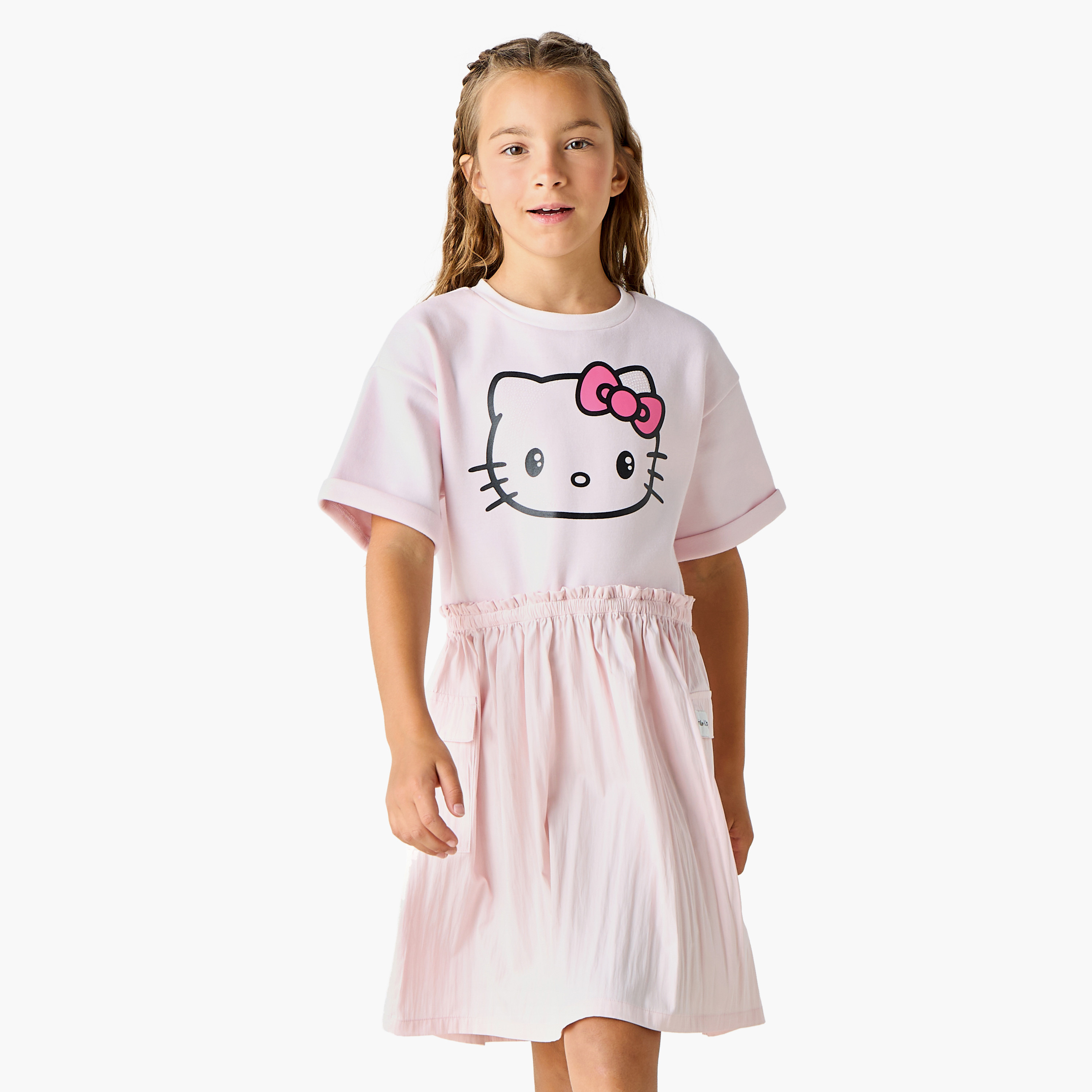 فستان إيه لاين بطبعات هالو كيتي وبأكمام قصيرة وجيوب من سانريو-girls-clothing-dressesandjumpsuits-image-1
