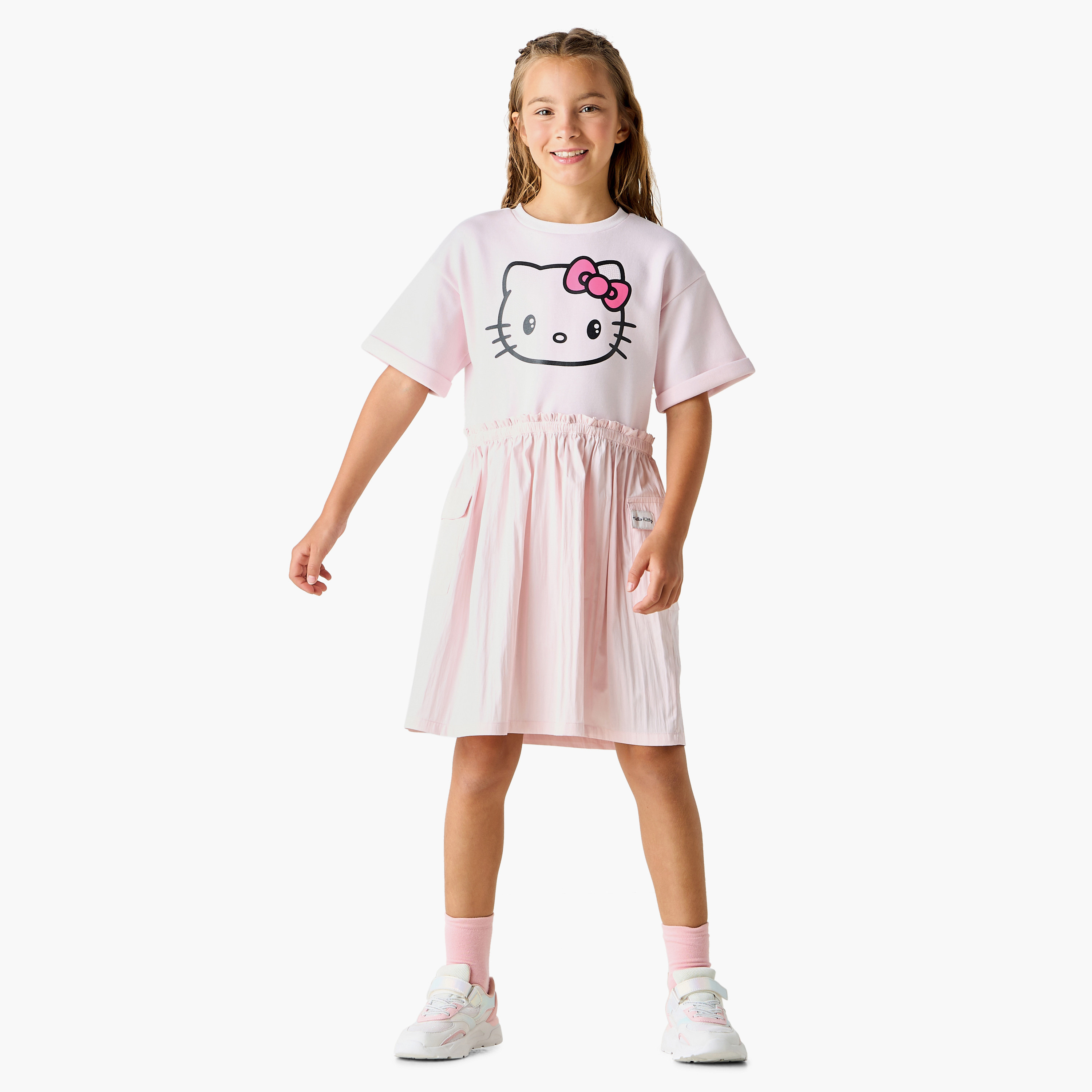 فستان إيه لاين بطبعات هالو كيتي وبأكمام قصيرة وجيوب من سانريو-girls-clothing-dressesandjumpsuits-image-2