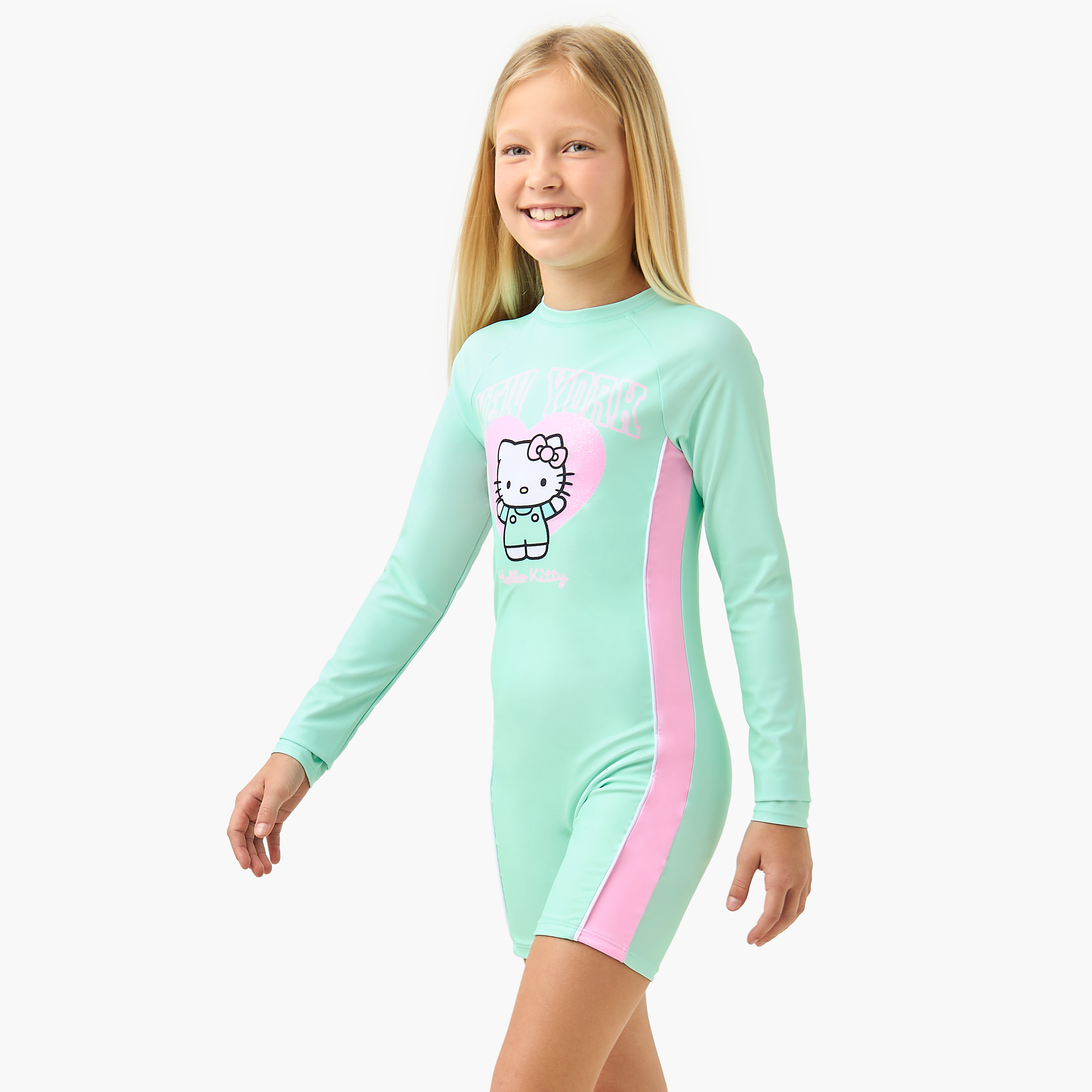 Sanrio Hello Kitty Print Swimsuit with Long Sleeves-sports-gear-swimming-girl-image-1