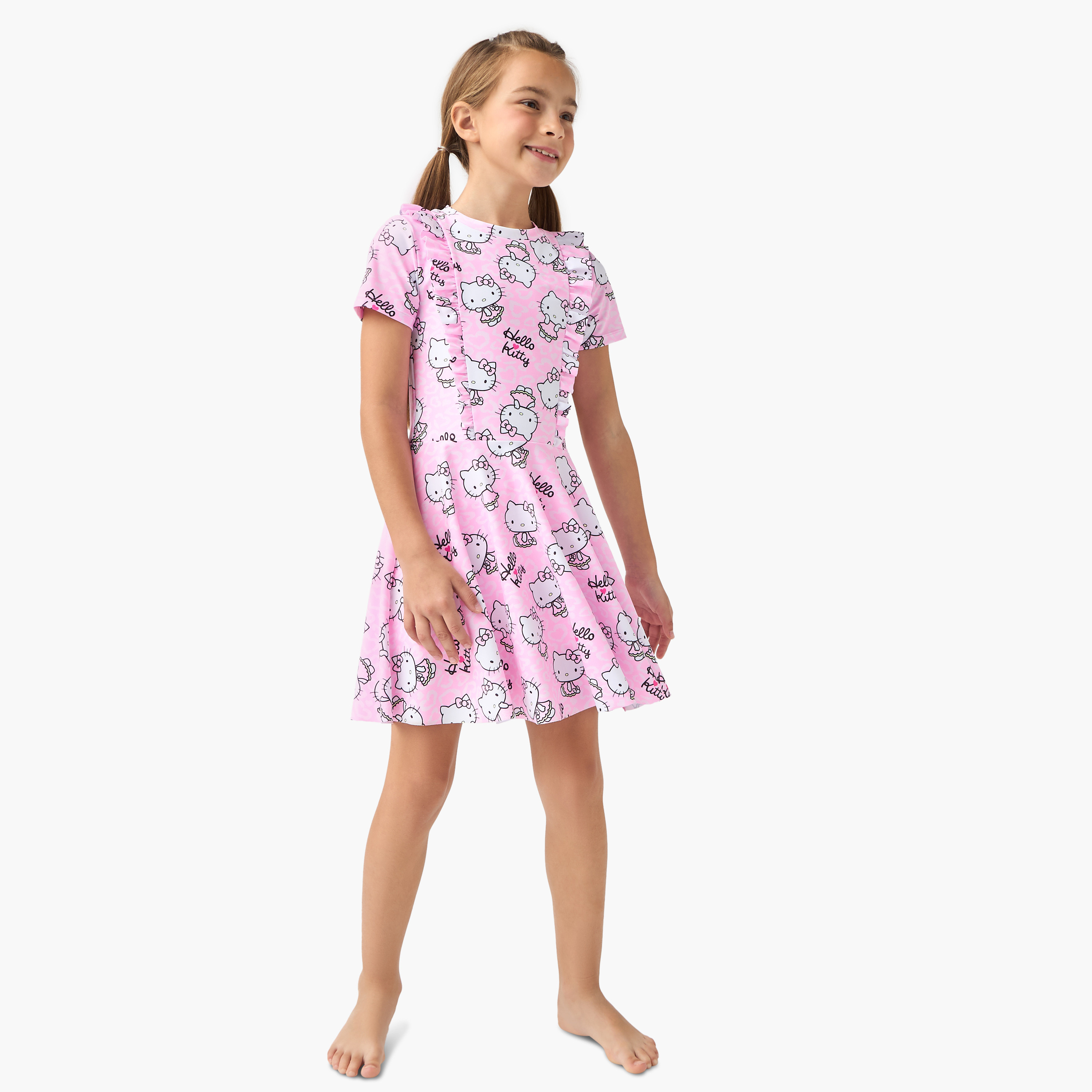 Sanrio All-Over Hello Kitty Print Swimsuit with Short Sleeves-sports-gear-swimming-girl-image-1