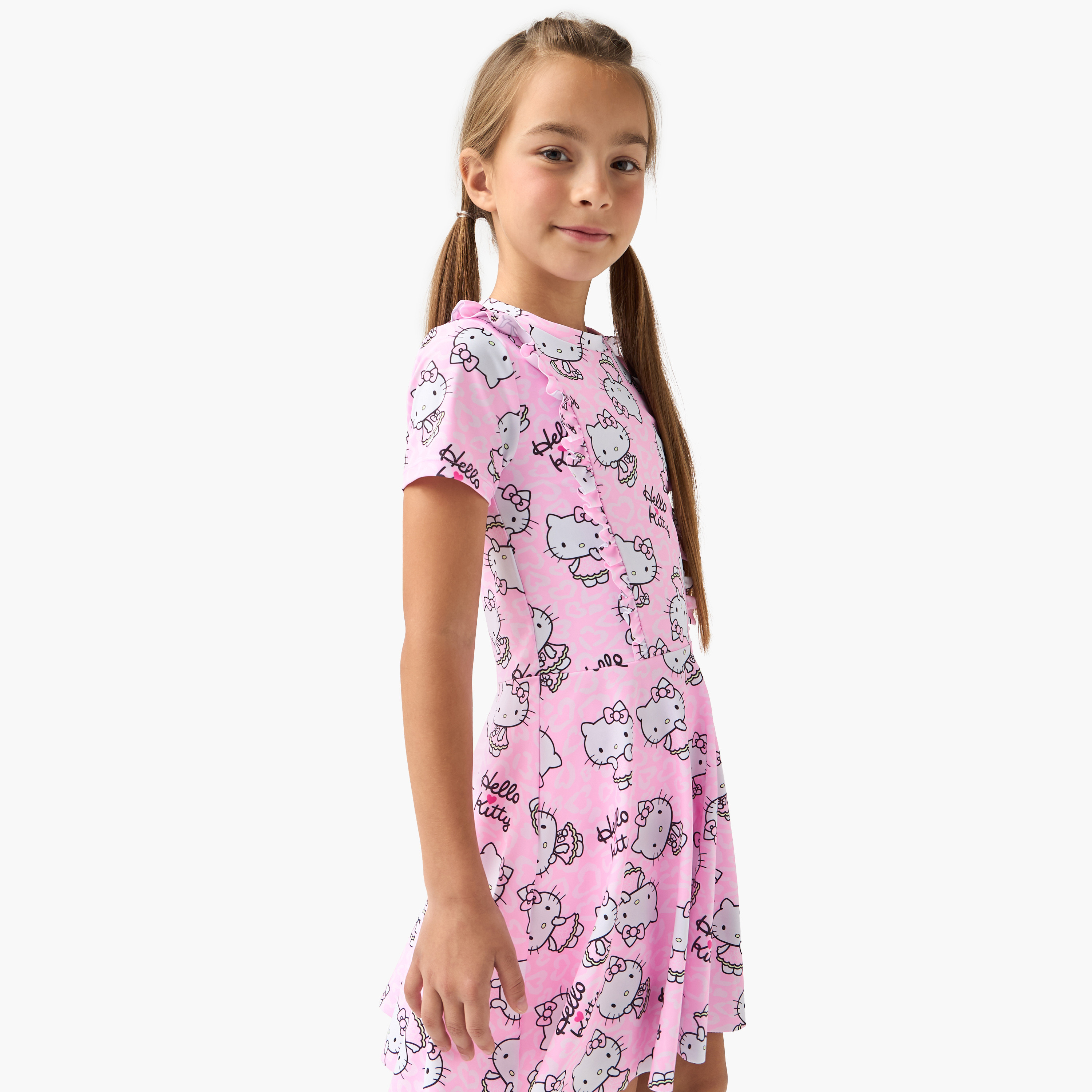 Sanrio All-Over Hello Kitty Print Swimsuit with Short Sleeves-sports-gear-swimming-girl-image-2