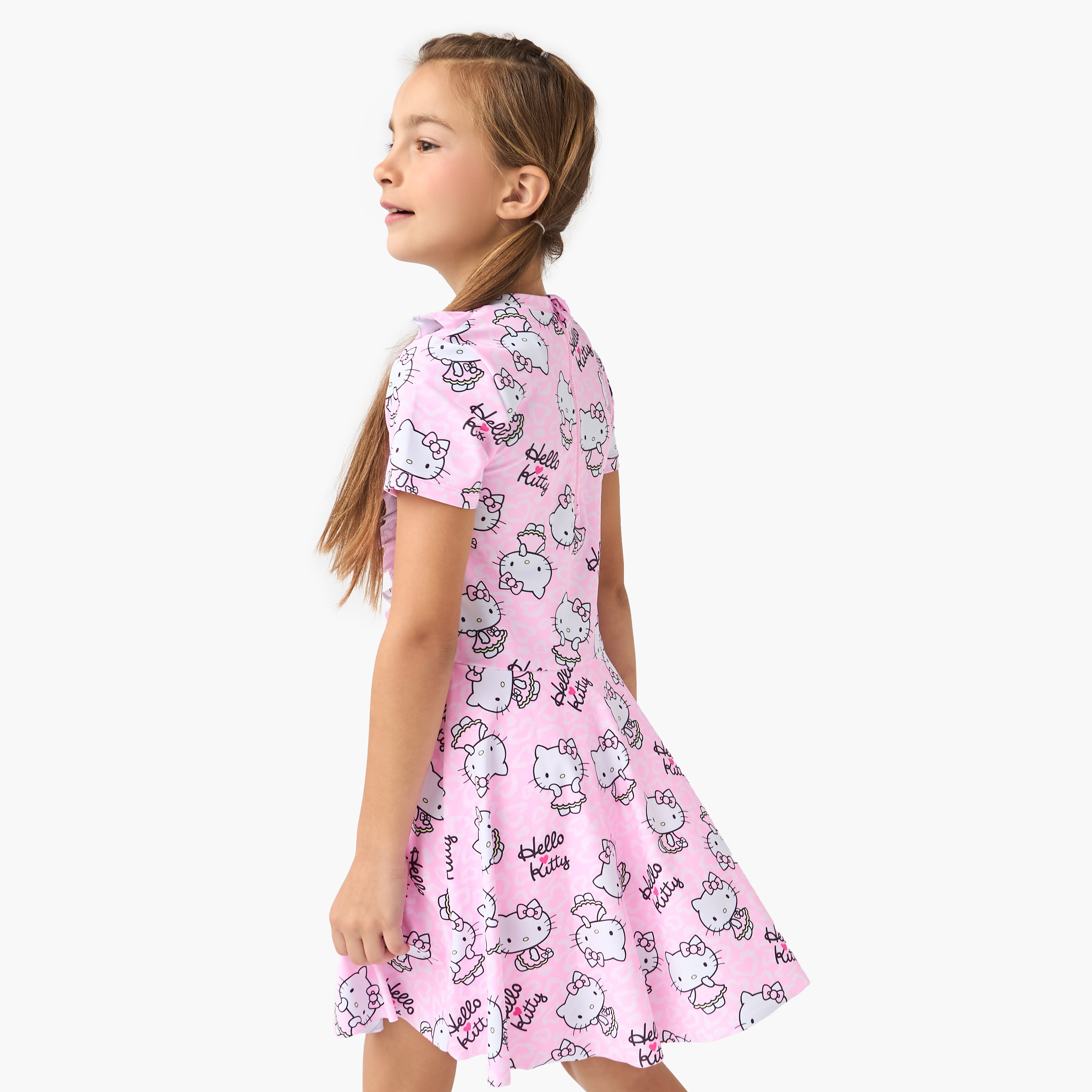 Sanrio All-Over Hello Kitty Print Swimsuit with Short Sleeves-sports-gear-swimming-girl-image-3