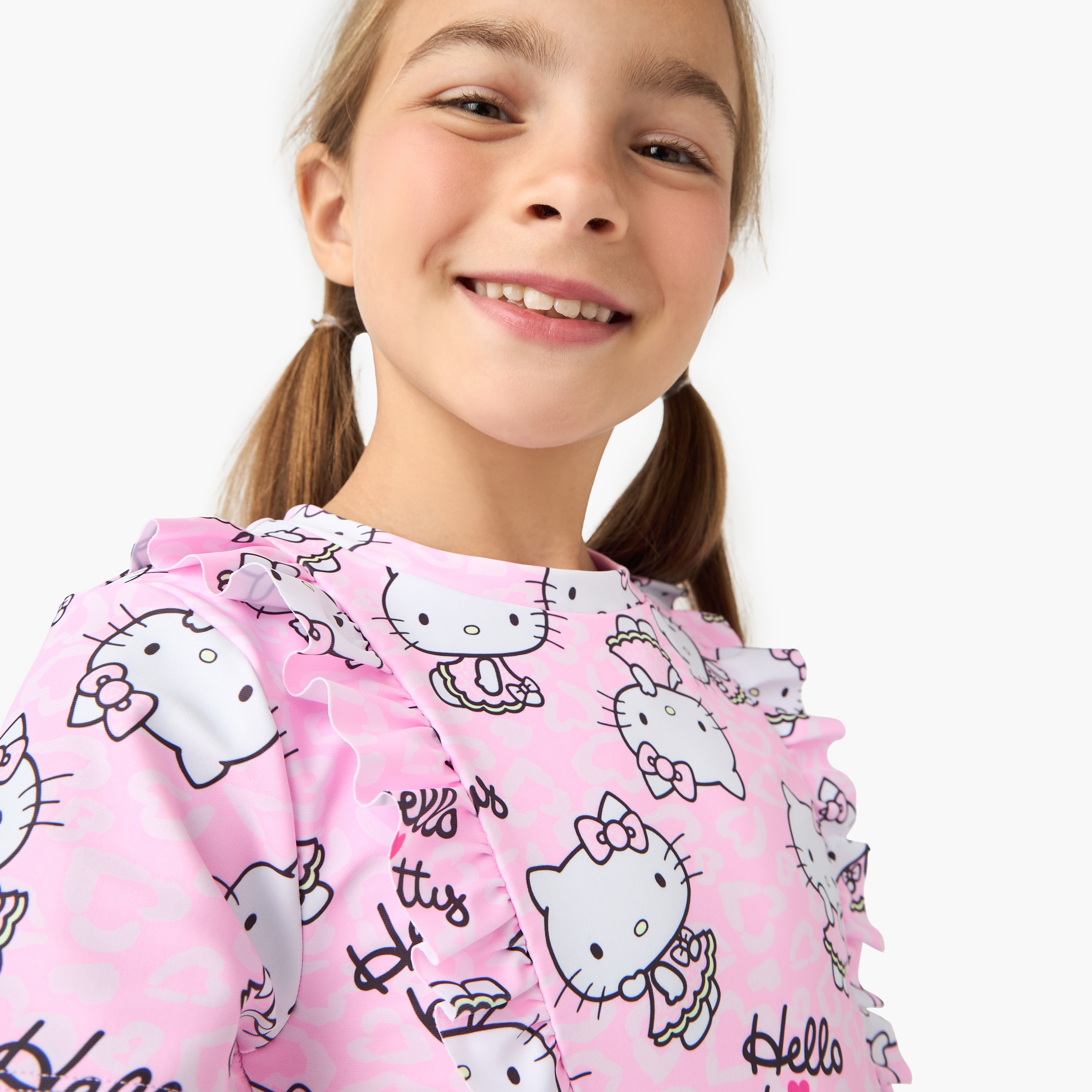 Sanrio All-Over Hello Kitty Print Swimsuit with Short Sleeves-sports-gear-swimming-girl-image-4