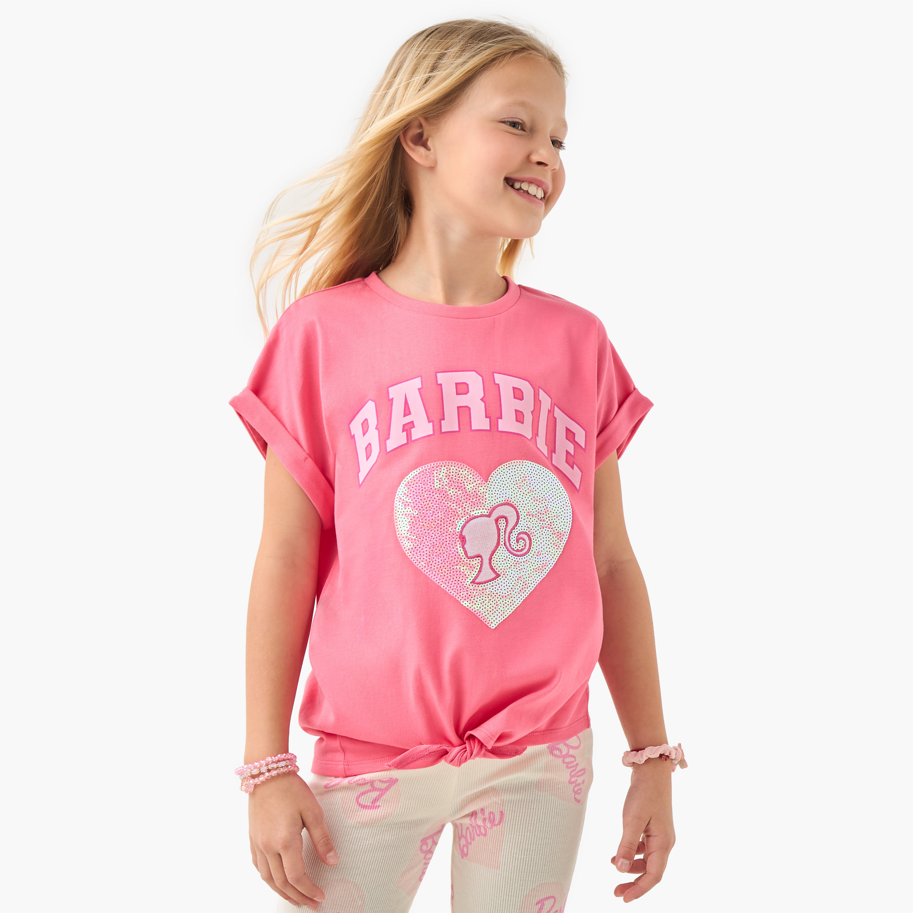 Barbie Print T-shirt with Cap Sleeves and Front Tie-girls-clothing-tshirts-image-1
