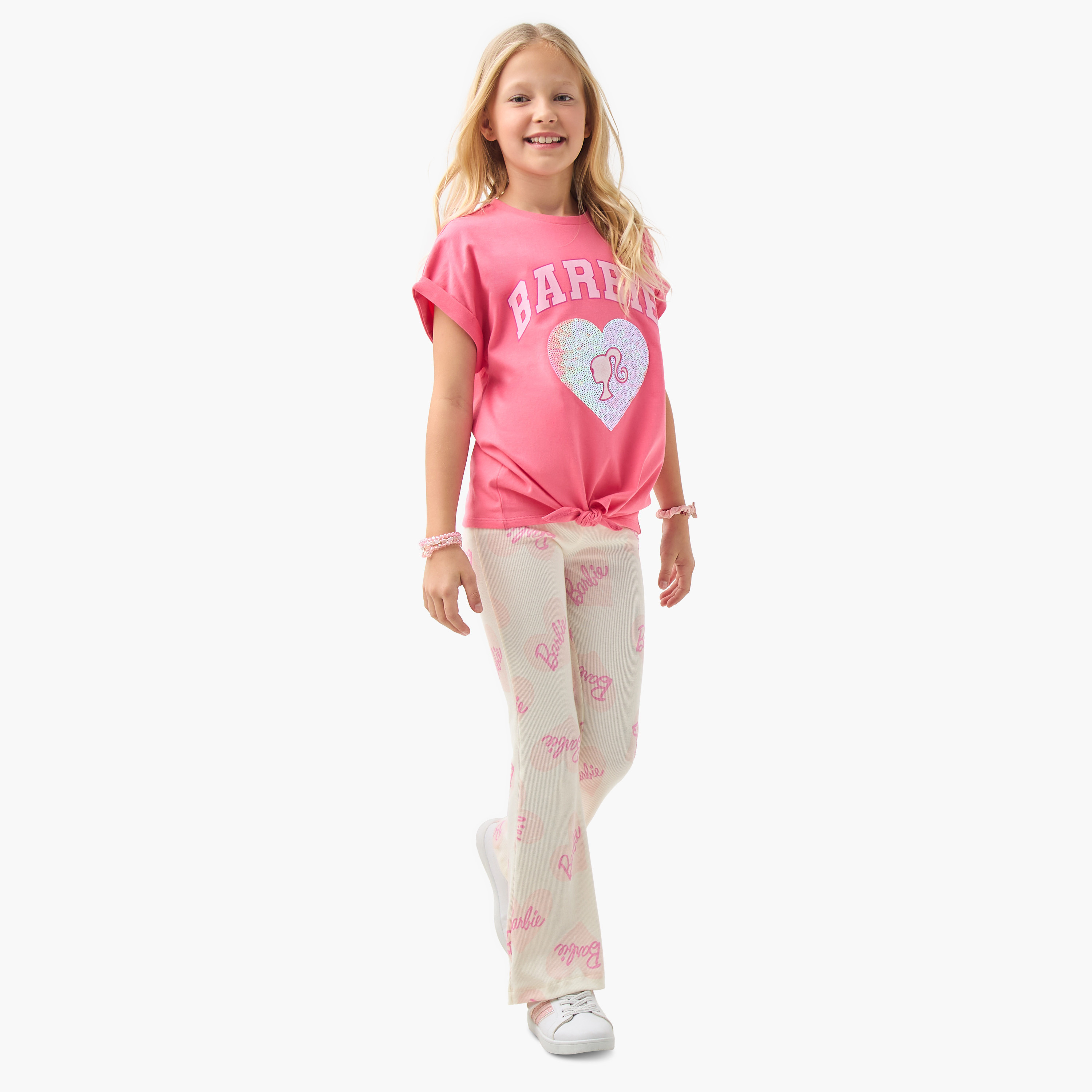 Barbie Print T-shirt with Cap Sleeves and Front Tie-girls-clothing-tshirts-image-2