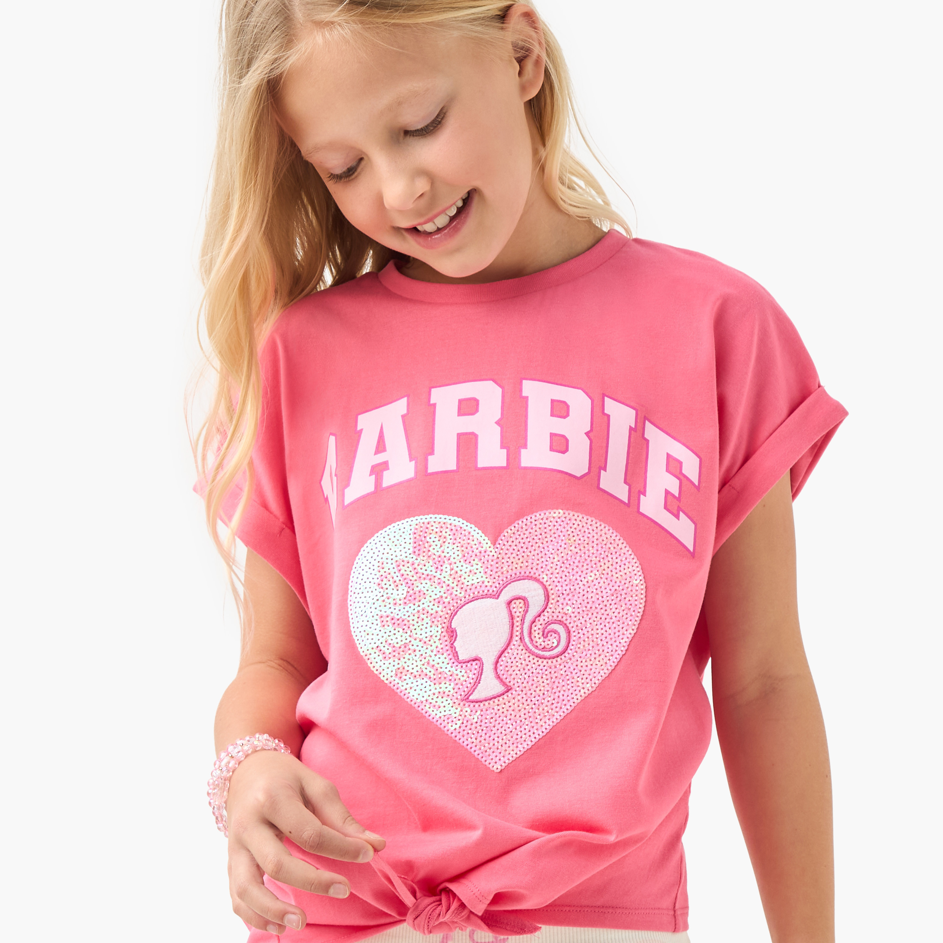 Barbie Print T-shirt with Cap Sleeves and Front Tie-girls-clothing-tshirts-image-5
