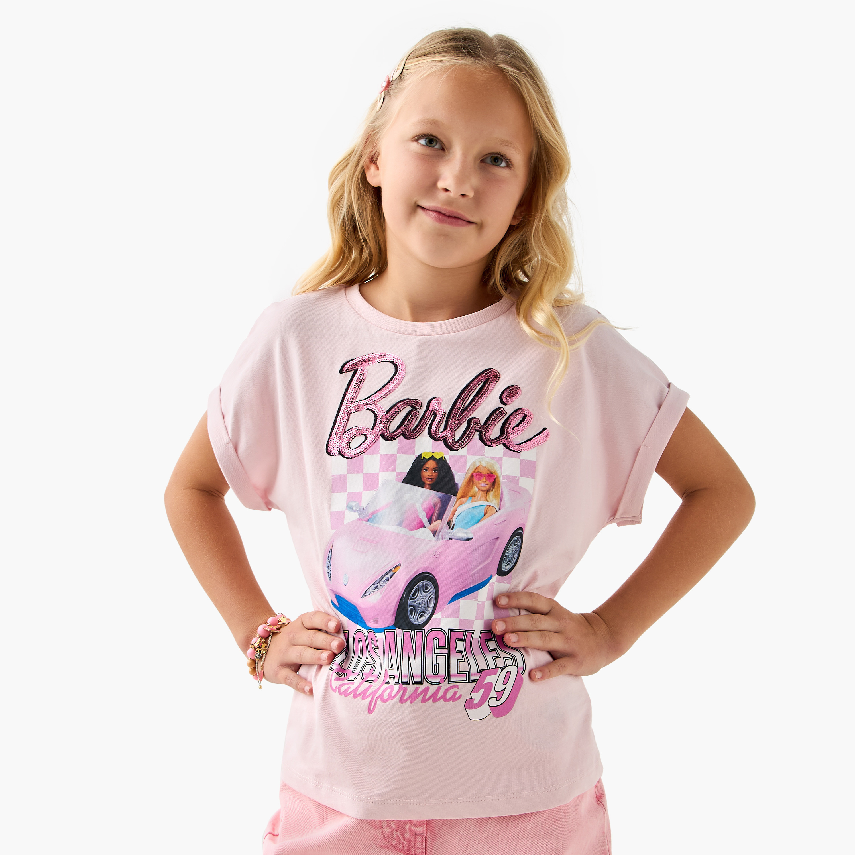 Barbie Print T-shirt with Extended Sleeves-girls-clothing-tshirts-image-1