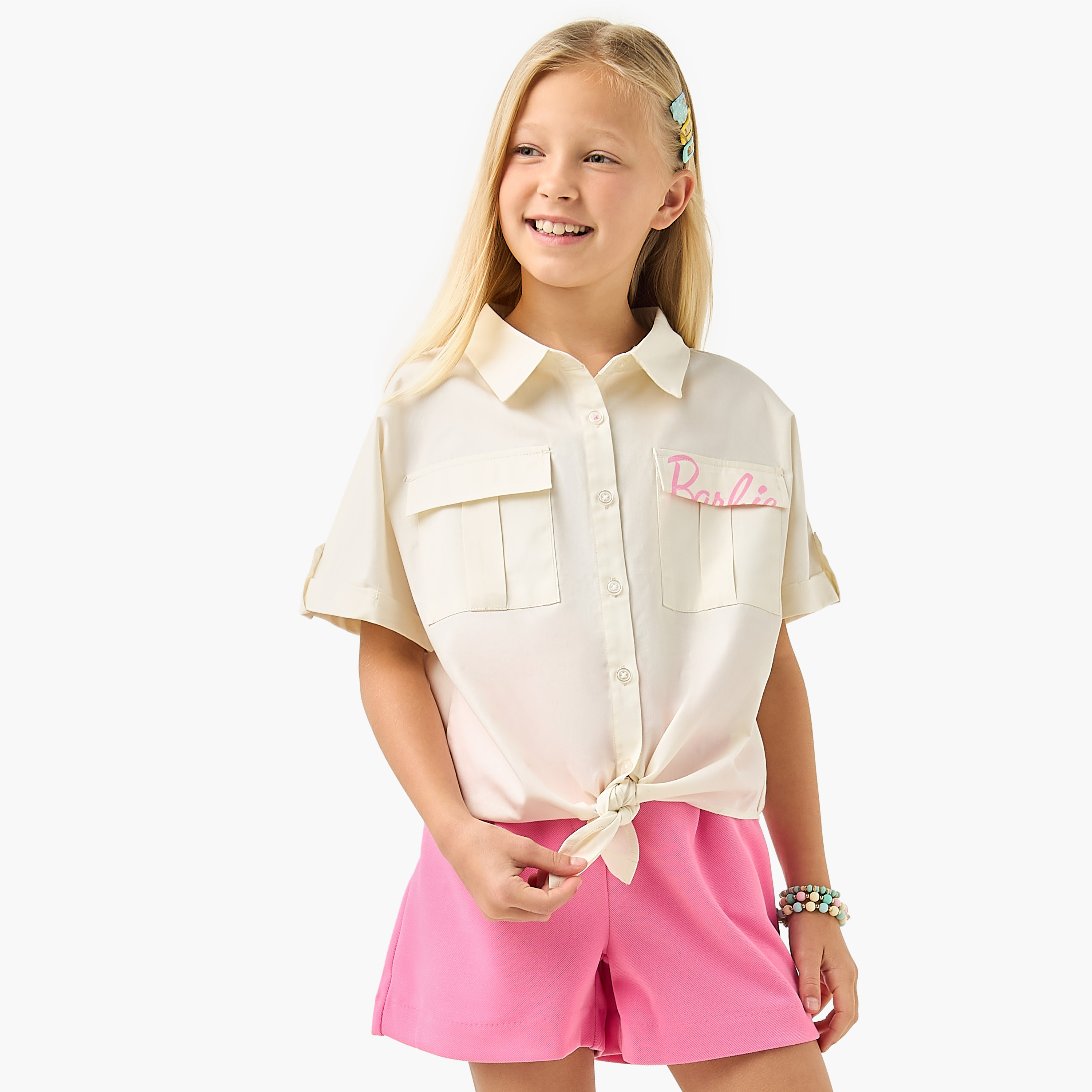 Barbie Print Shirt with Pockets and Short Sleeves-girls-clothing-blousesandshirts-image-1