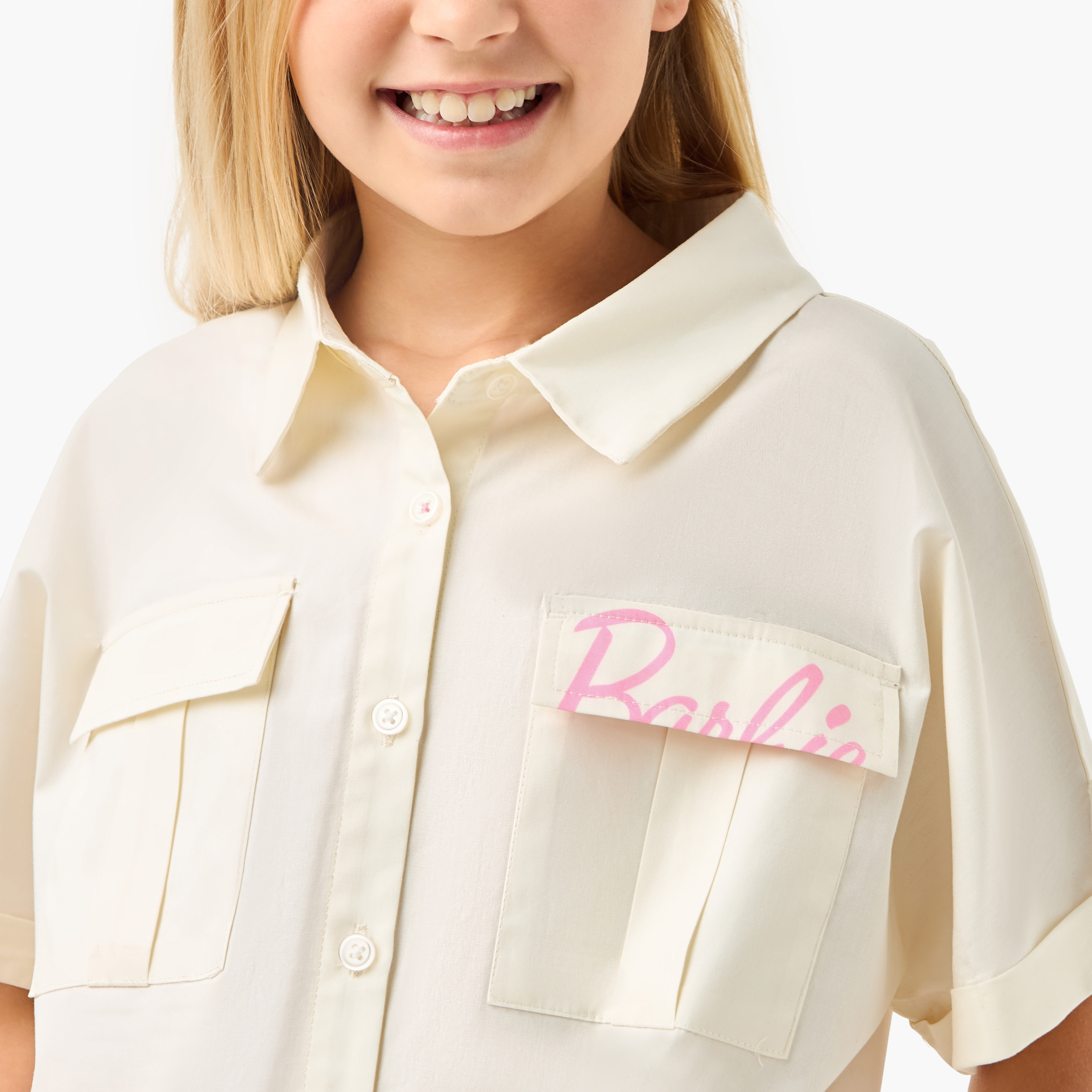 Barbie Print Shirt with Pockets and Short Sleeves-girls-clothing-blousesandshirts-image-4