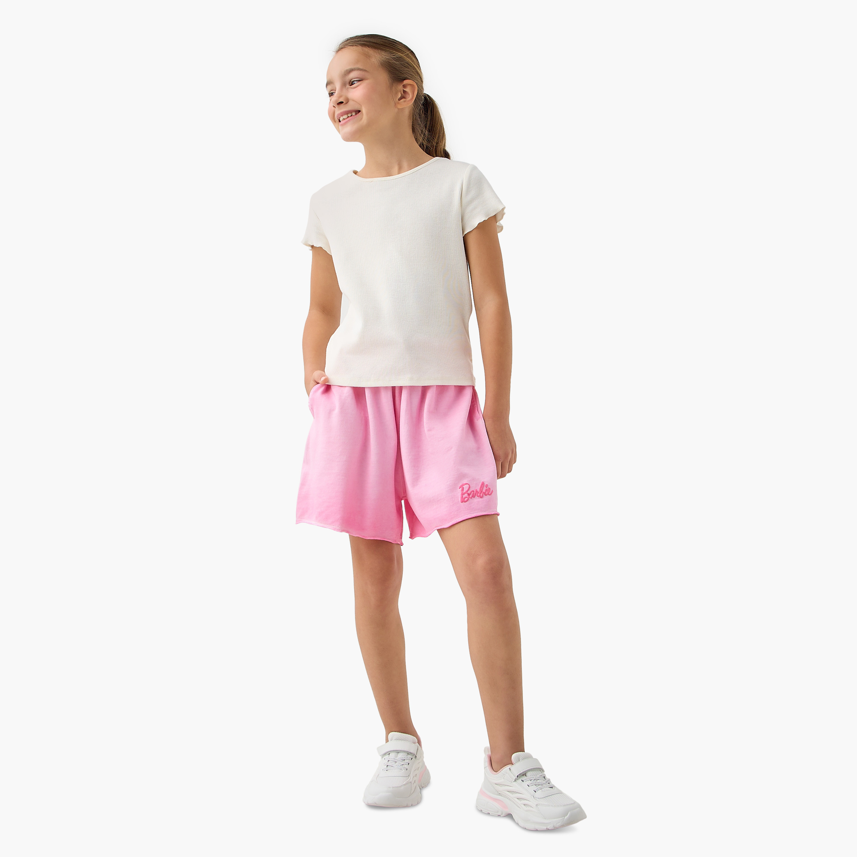 Barbie Embroidered Shorts with Drawstring Closure and Pockets-girls-clothing-bottoms-shorts-image-2