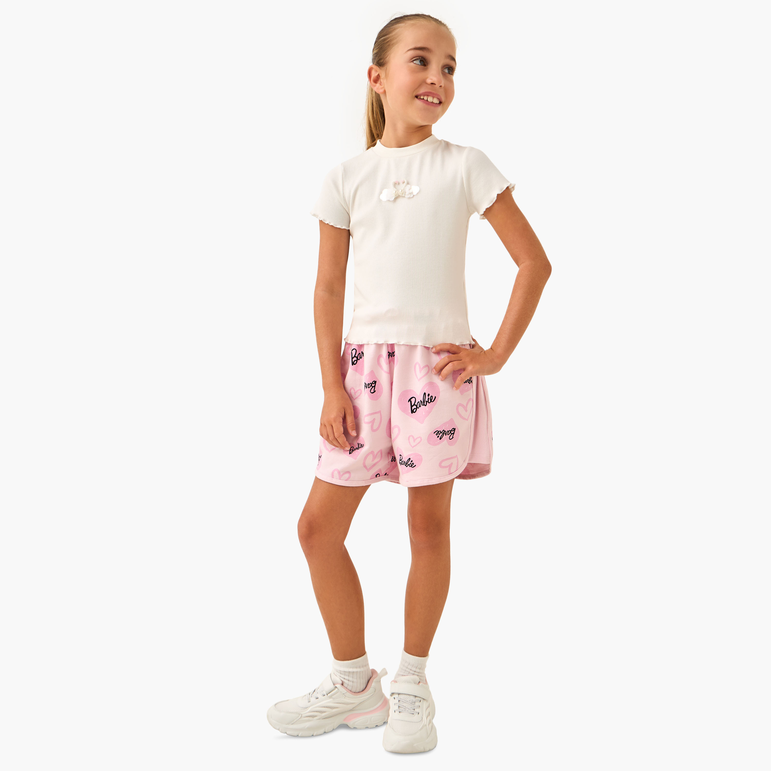 All-Over Barbie Print Shorts with Drawstring Closure-girls-clothing-bottoms-shorts-image-2