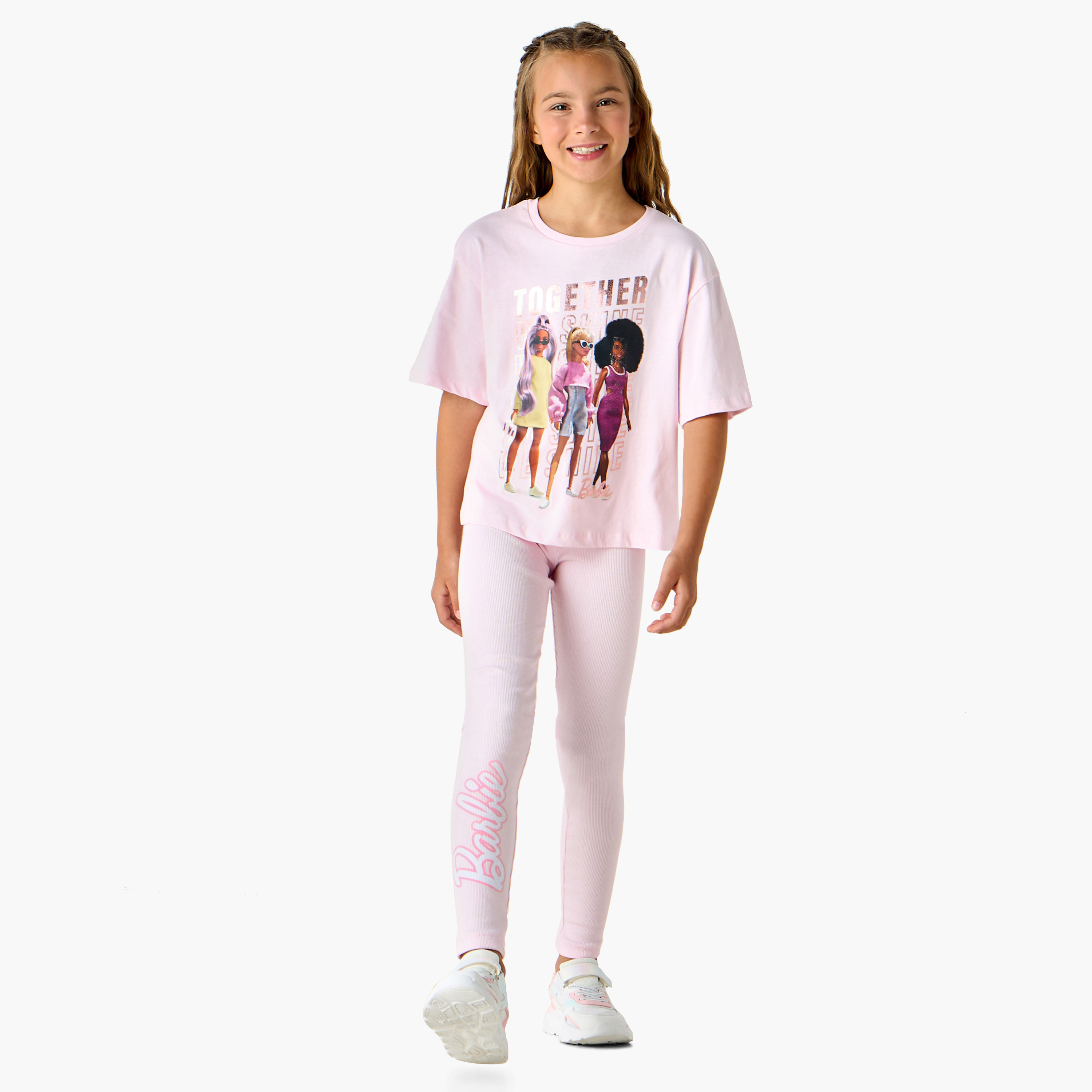 بنطلون ليقنز بخصر مطاطي وطبعات شعار من باربي-girls-clothing-bottoms-leggings-image-4