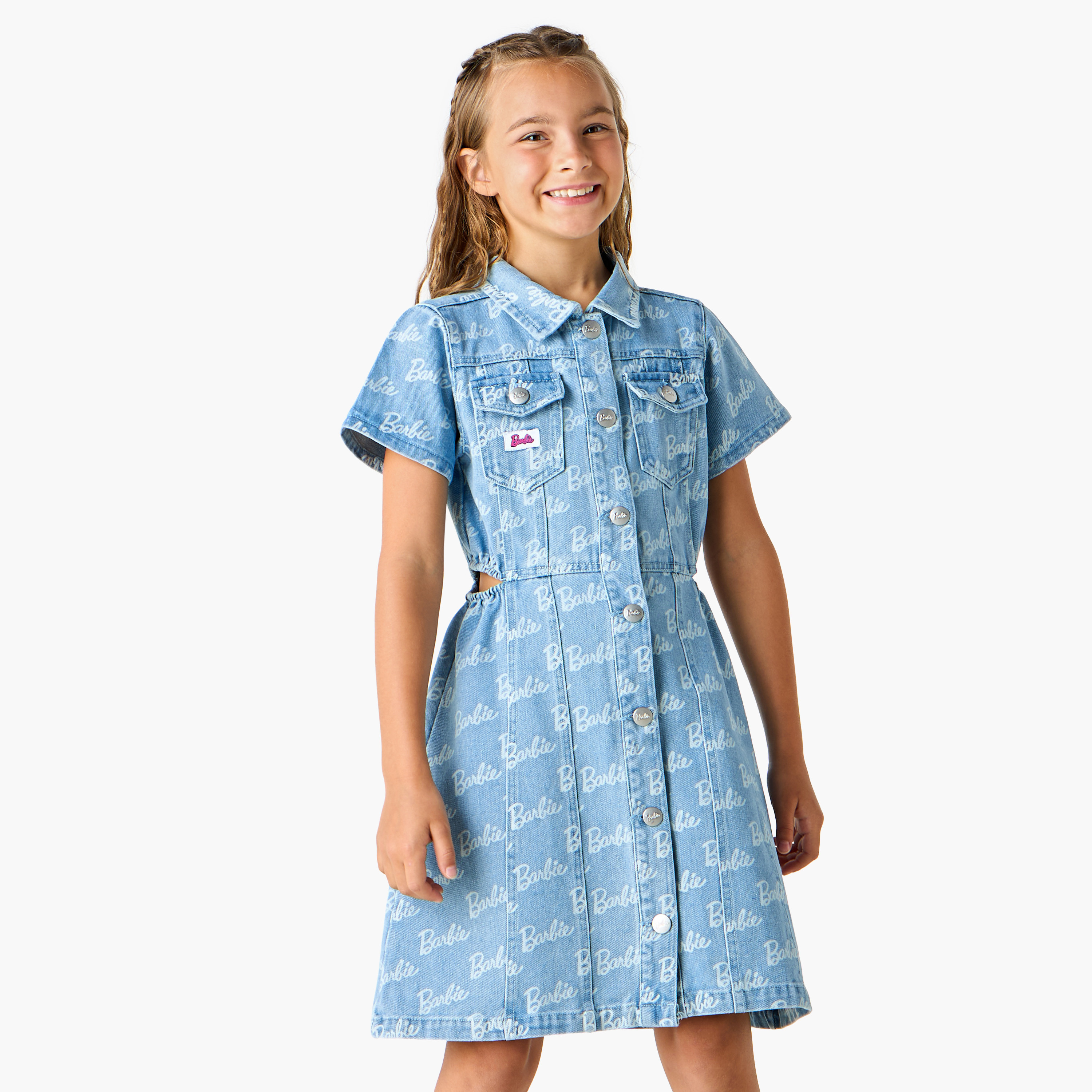 فستان قميص بطبعات باربي وزر إغلاق وجيوب-girls-clothing-dressesandjumpsuits-image-1
