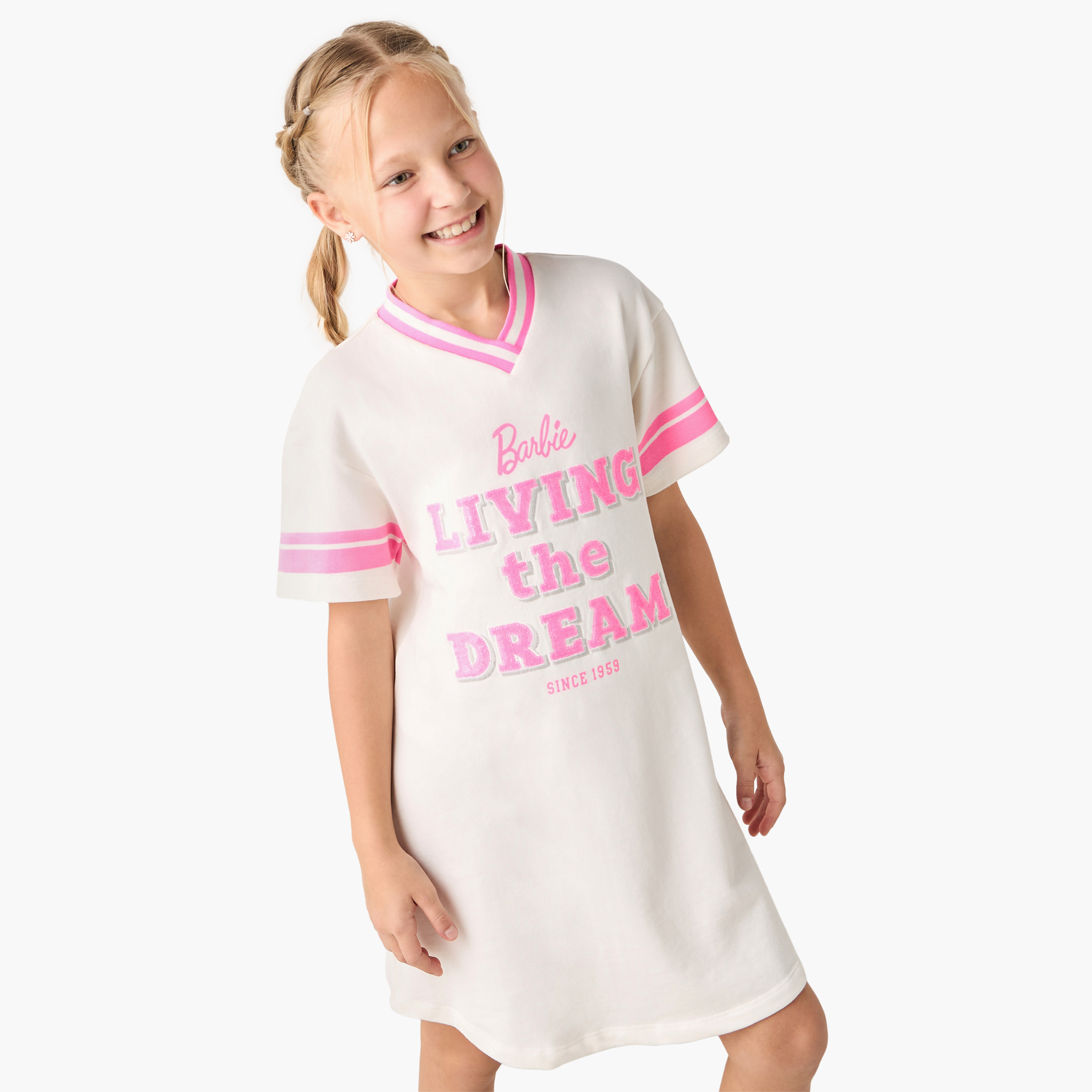 Barbie Logo Print V-neck T-shirt Dress with Short Sleeves-girls-clothing-dressesandjumpsuits-image-1
