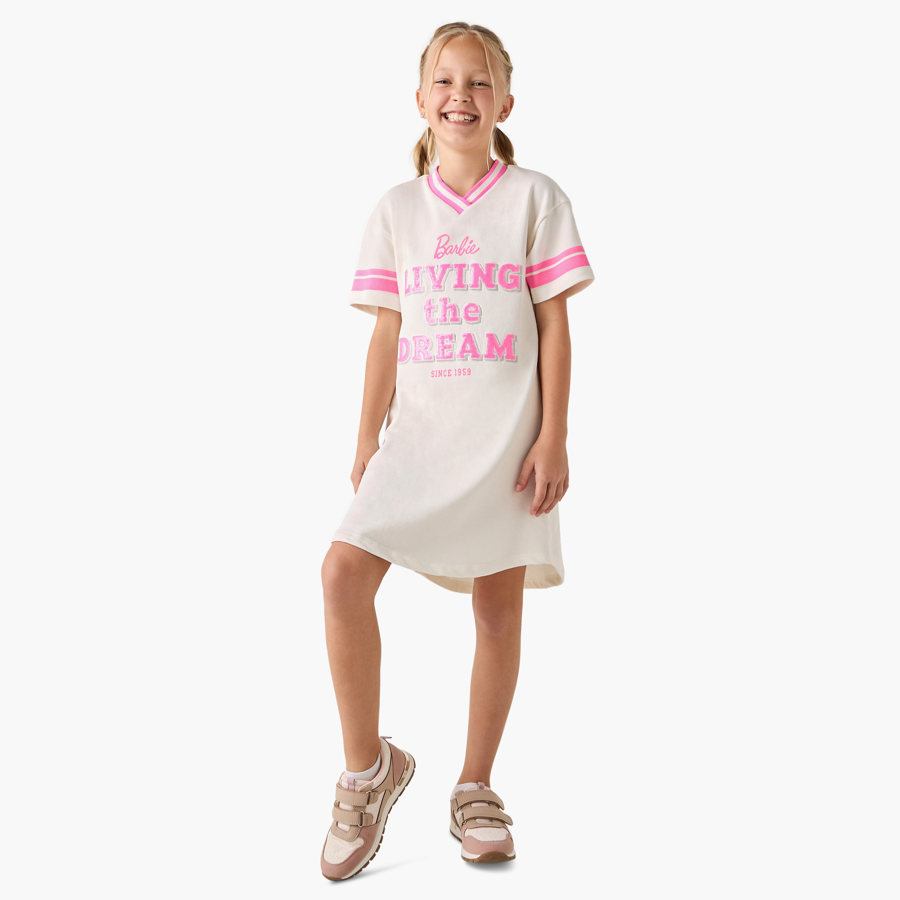 Barbie Logo Print V-neck T-shirt Dress with Short Sleeves-girls-clothing-dressesandjumpsuits-image-2