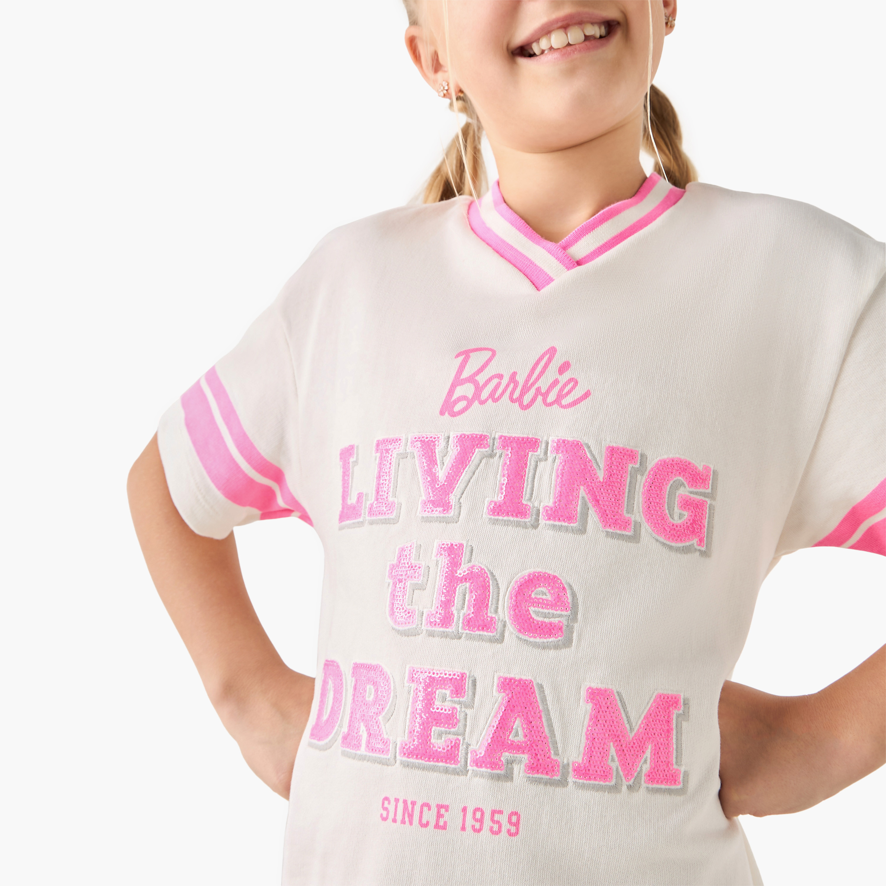Barbie Logo Print V-neck T-shirt Dress with Short Sleeves-girls-clothing-dressesandjumpsuits-image-4