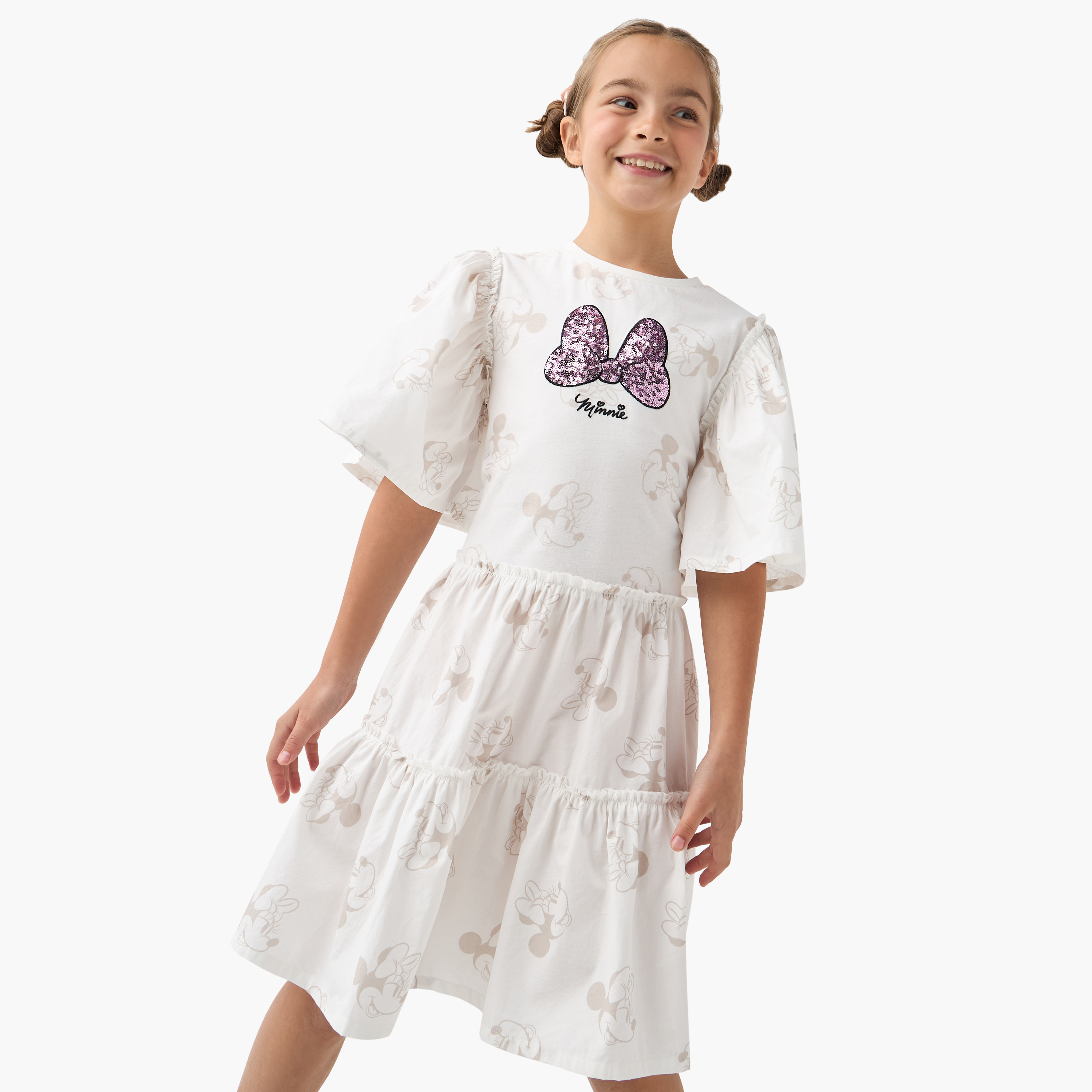 Mattel All-Over Minnie Mouse Print Tiered Dress with Flared Sleeves-girls-clothing-dressesandjumpsuits-image-1