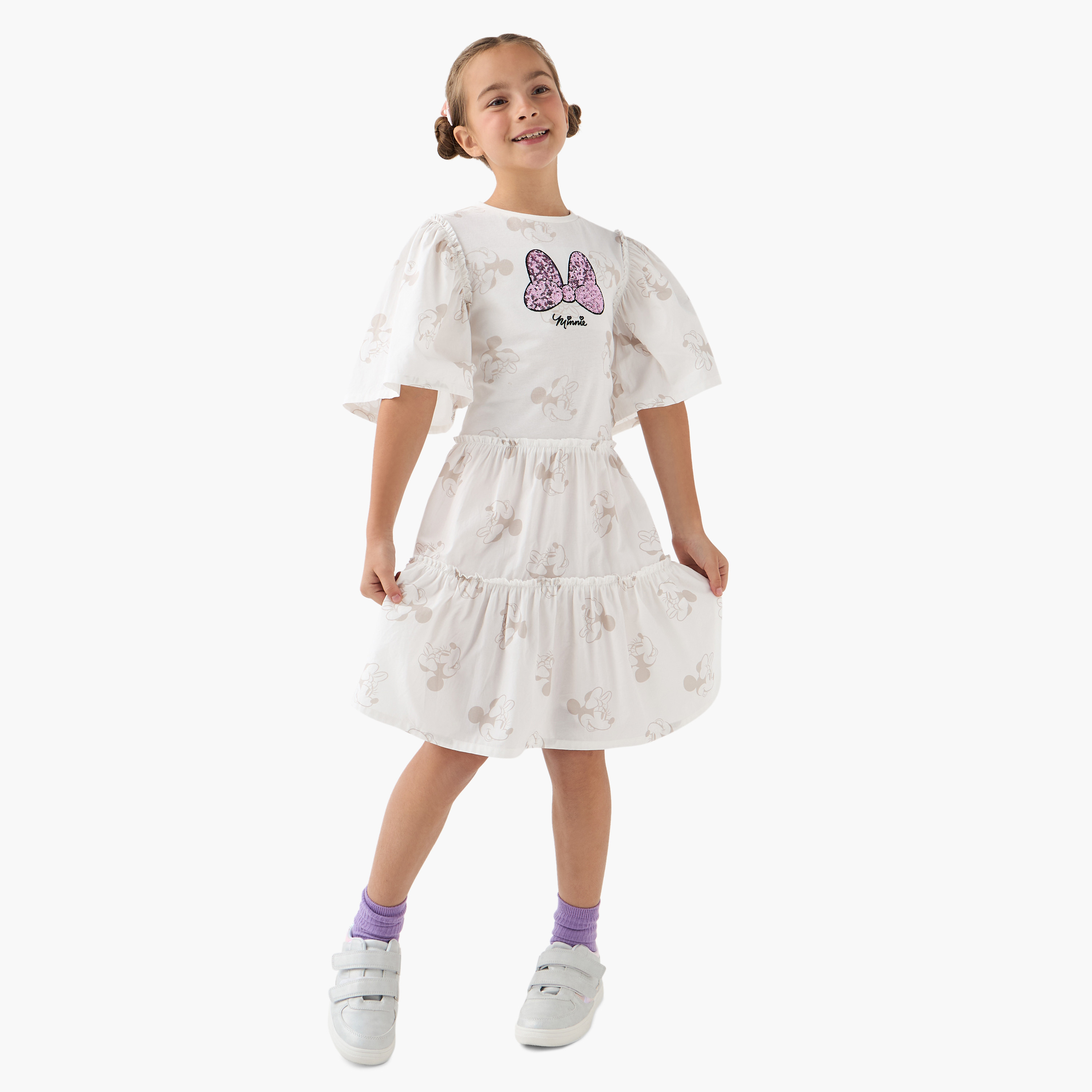 Mattel All-Over Minnie Mouse Print Tiered Dress with Flared Sleeves-girls-clothing-dressesandjumpsuits-image-2