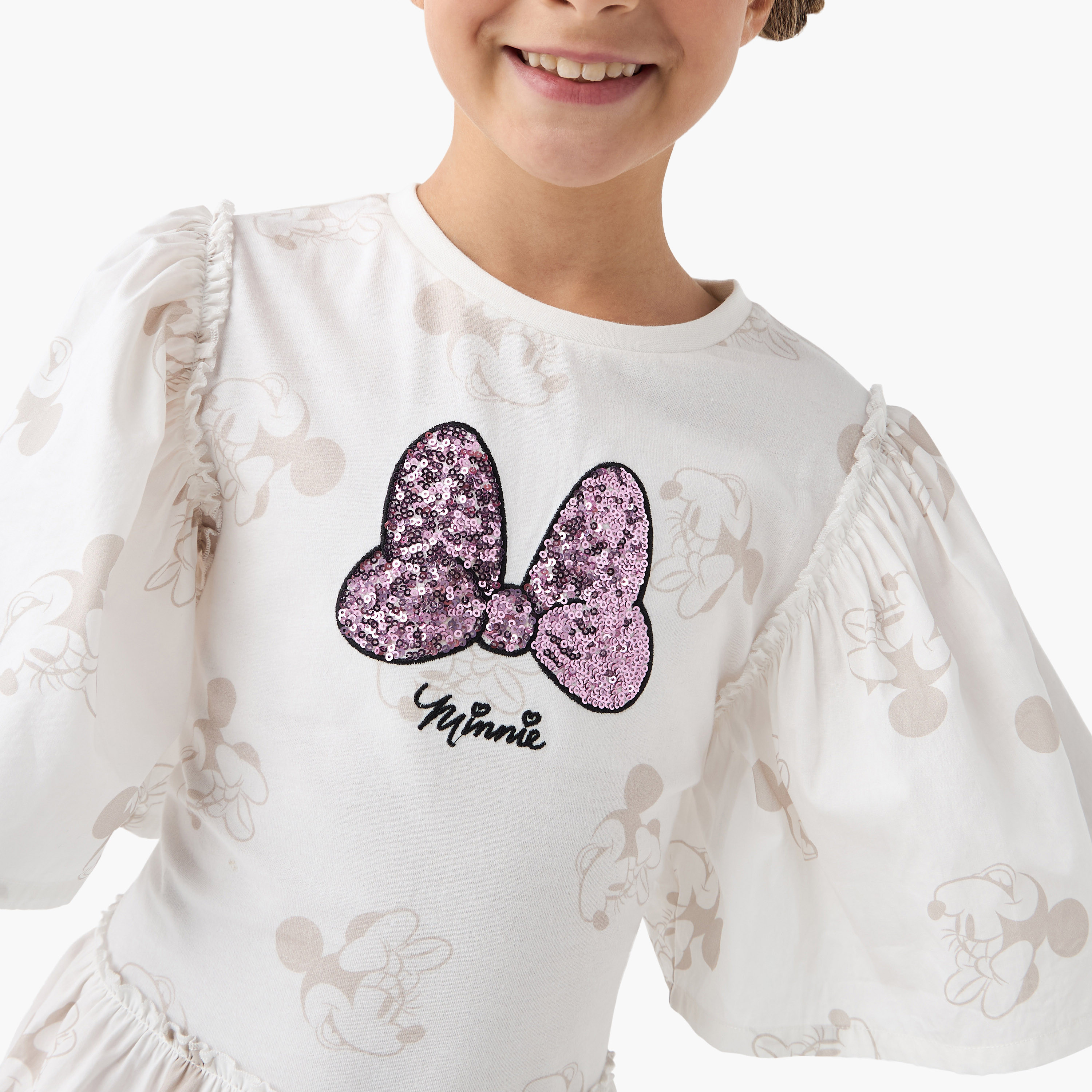 Mattel All-Over Minnie Mouse Print Tiered Dress with Flared Sleeves-girls-clothing-dressesandjumpsuits-image-4