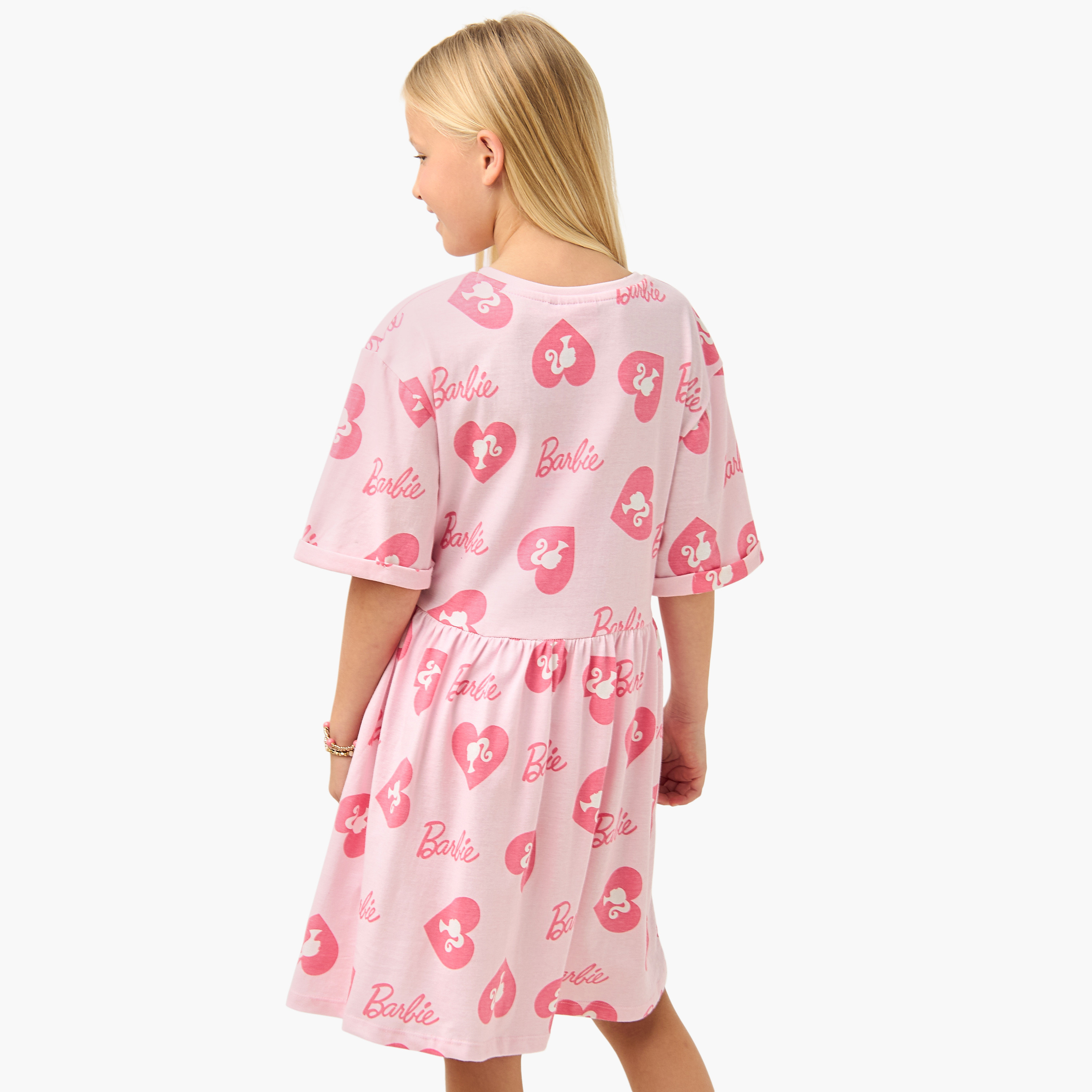 فستان بياقة دائرية وأكمام قصيرة وطبعات باربي من ديزني-girls-clothing-dressesandjumpsuits-image-3