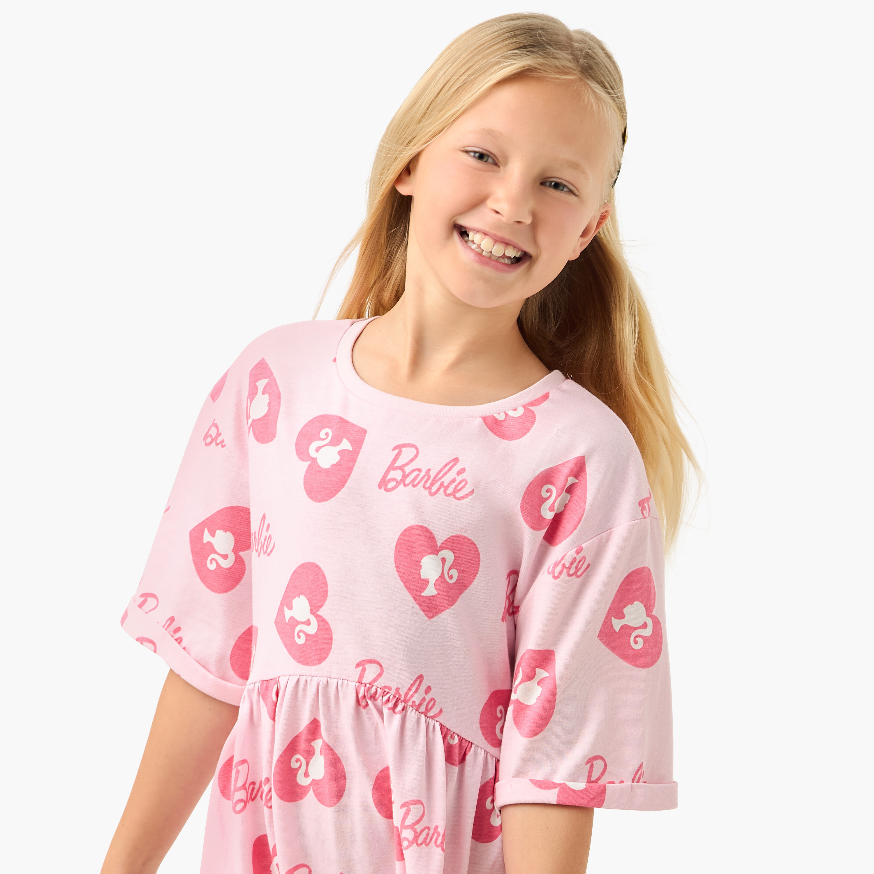 فستان بياقة دائرية وأكمام قصيرة وطبعات باربي من ديزني-girls-clothing-dressesandjumpsuits-image-4