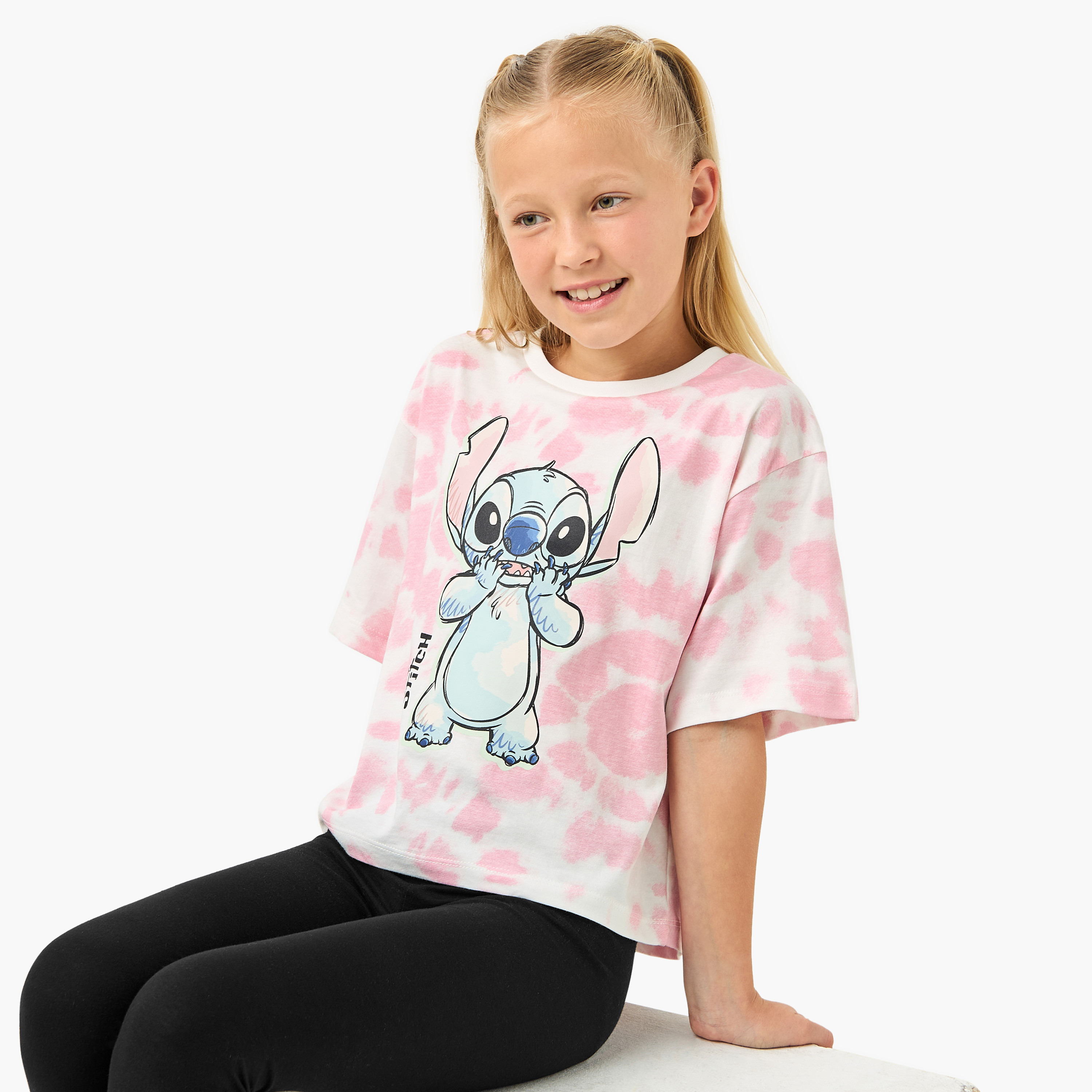 Disney Stitch Print T-shirt with Short Sleeves-girls-clothing-tshirts-image-1