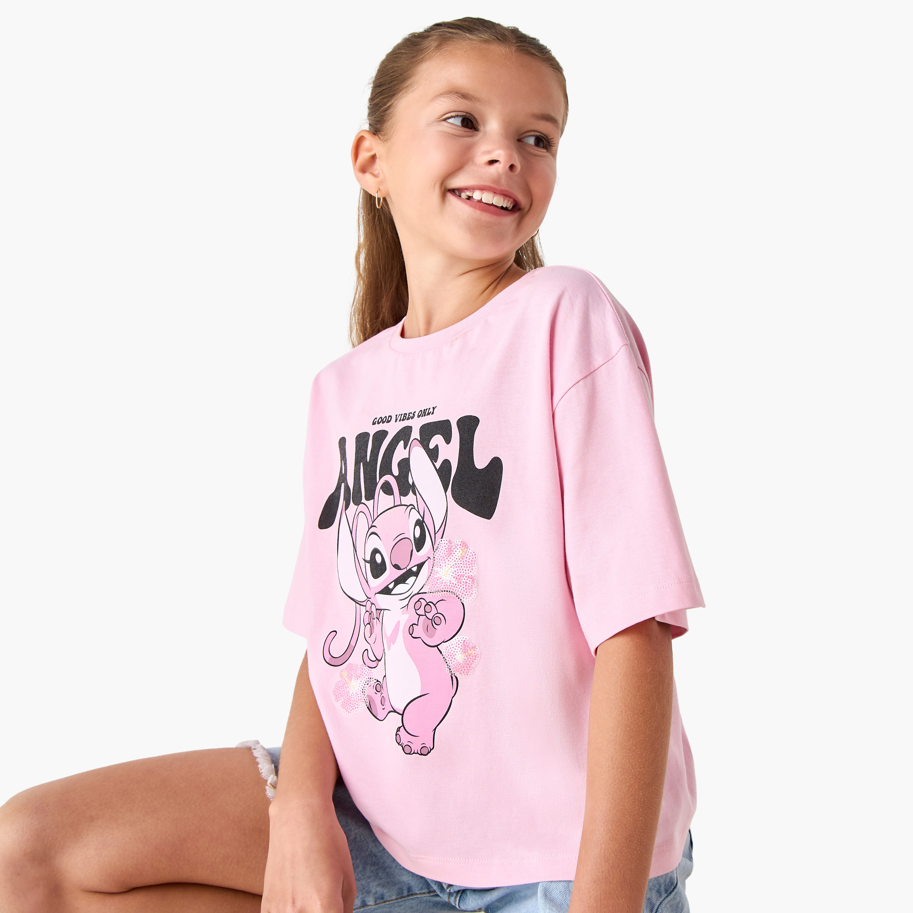 Disney Angel Print Crew Neck T-shirt with Short Sleeves-girls-clothing-tshirts-image-1