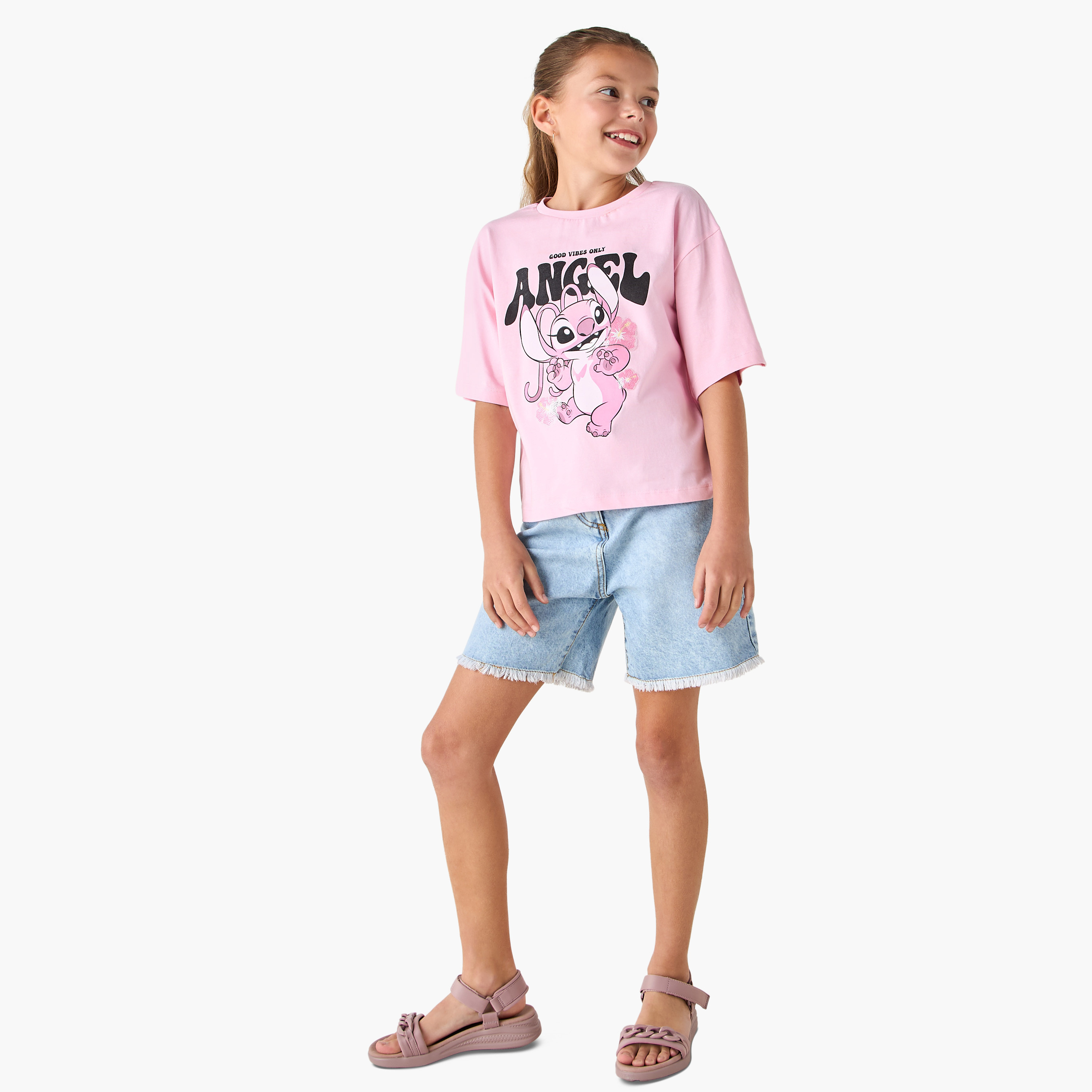 Disney Angel Print Crew Neck T-shirt with Short Sleeves-girls-clothing-tshirts-image-2