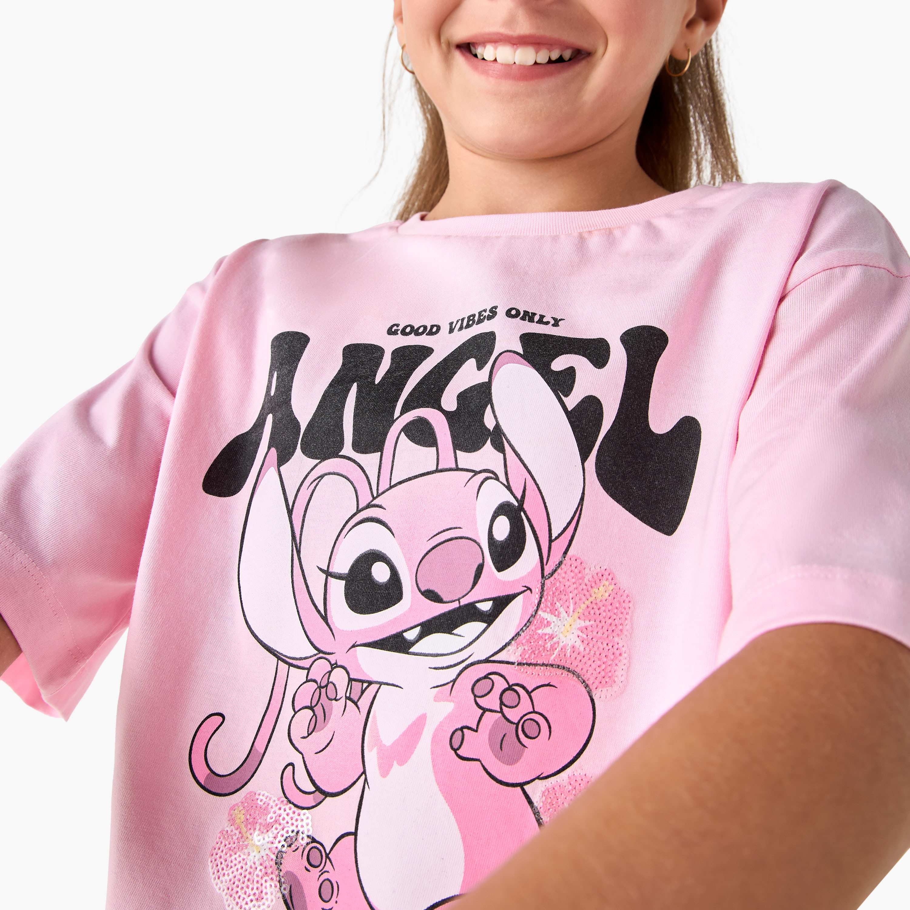 Disney Angel Print Crew Neck T-shirt with Short Sleeves-girls-clothing-tshirts-image-4