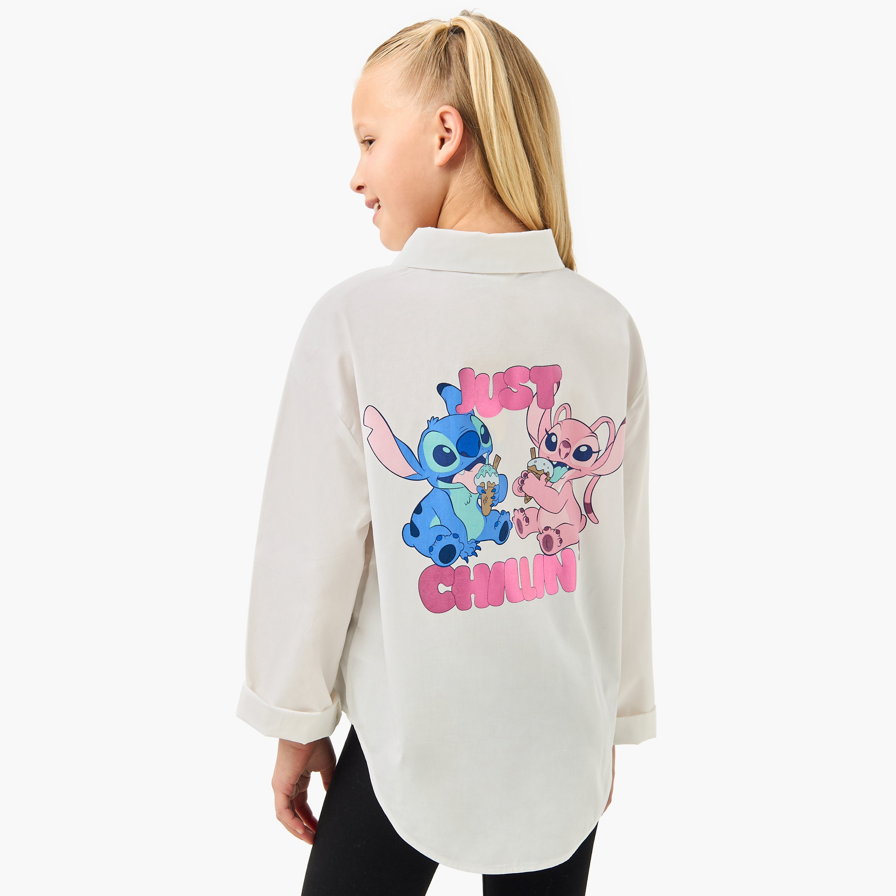 Disney Stitch and Angel Print Shirt with Pocket and Long Sleeves-girls-clothing-blousesandshirts-image-1