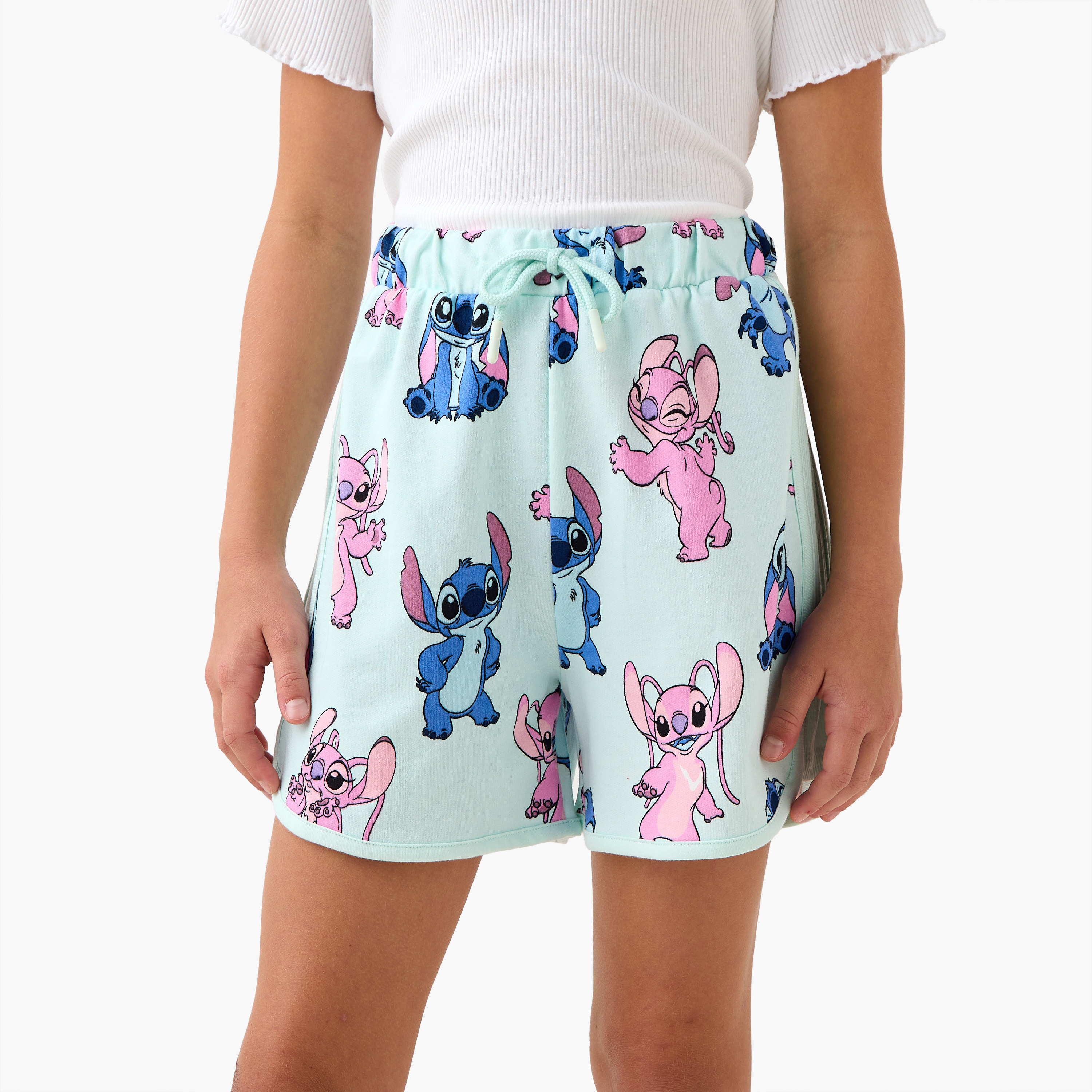Disney Angel and Stitch Print Shorts with Drawstring Closure-girls-clothing-bottoms-shorts-image-1