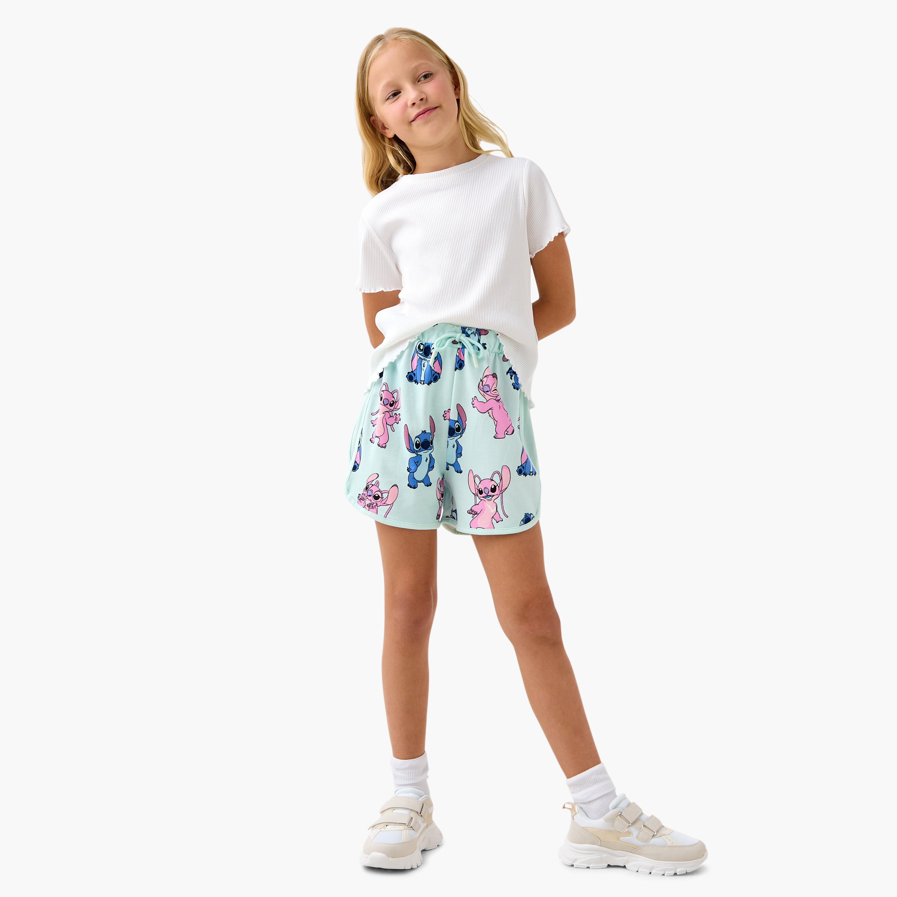 Disney Angel and Stitch Print Shorts with Drawstring Closure-girls-clothing-bottoms-shorts-image-2