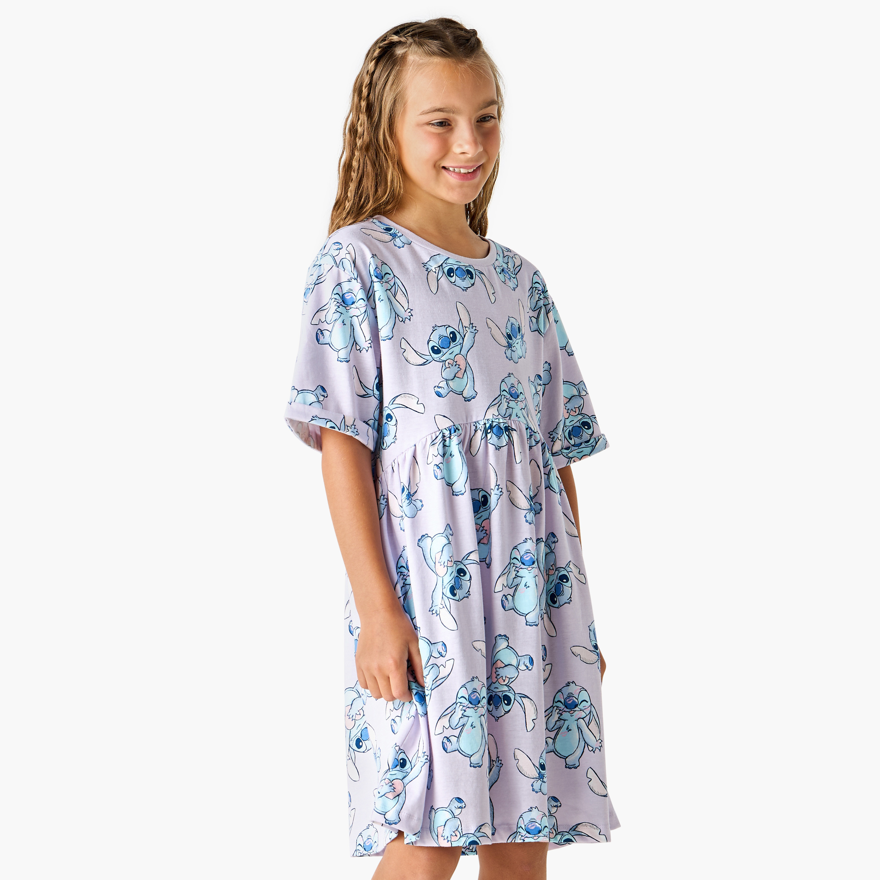 Disney Stitch Print Round Neck Dress with Short Sleeves-girls-clothing-dressesandjumpsuits-image-1