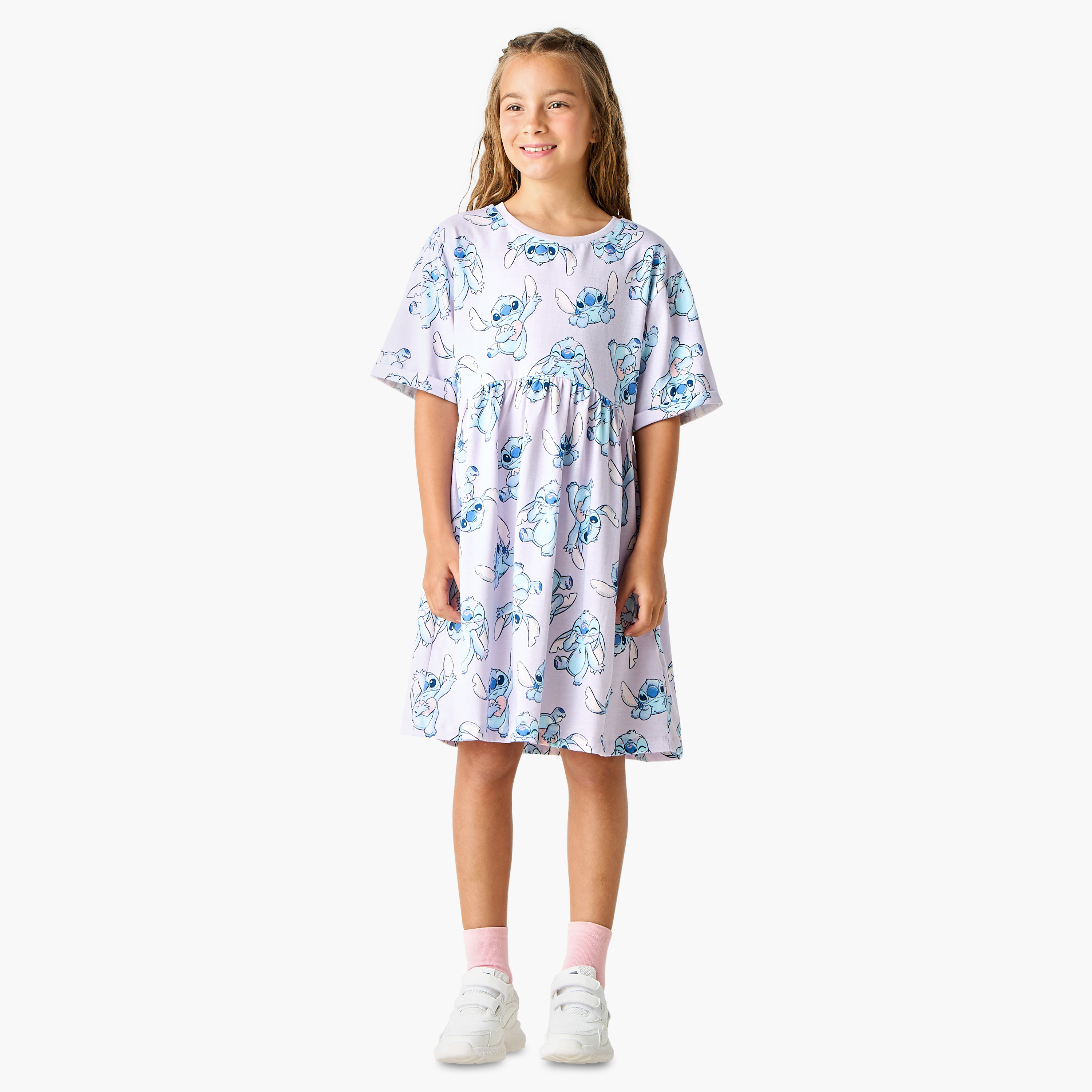 Disney Stitch Print Round Neck Dress with Short Sleeves-girls-clothing-dressesandjumpsuits-image-2