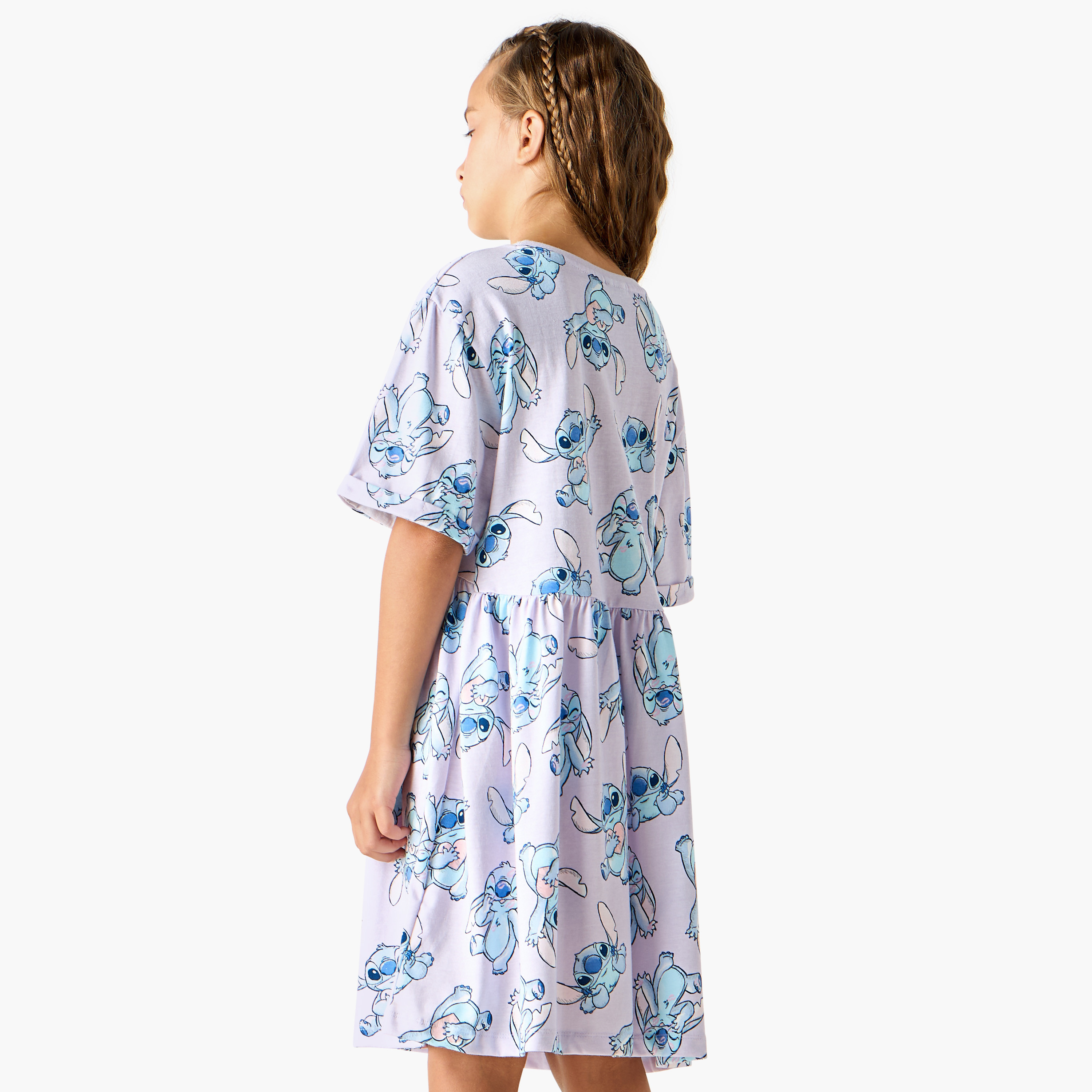 Disney Stitch Print Round Neck Dress with Short Sleeves-girls-clothing-dressesandjumpsuits-image-3