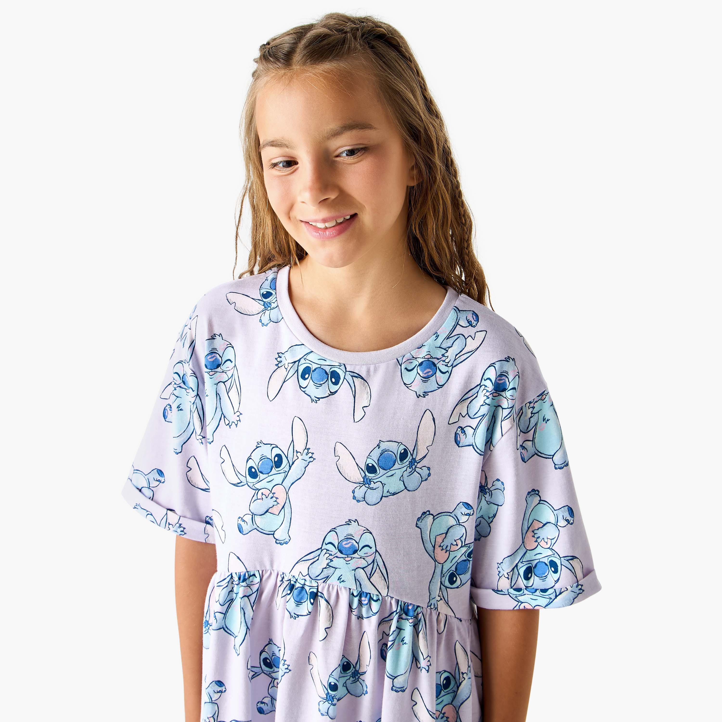 Disney Stitch Print Round Neck Dress with Short Sleeves-girls-clothing-dressesandjumpsuits-image-4