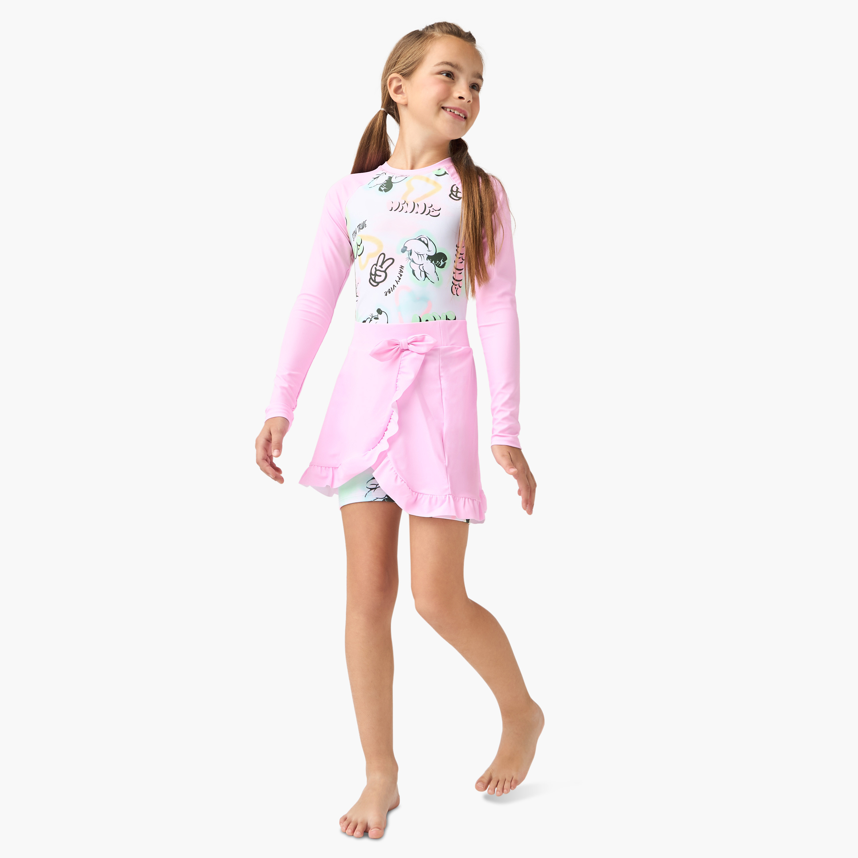 Disney Minnie Mouse Print Swimsuit with Raglan Sleeves and Cover-Up Skirt-sports-gear-swimming-girl-image-1