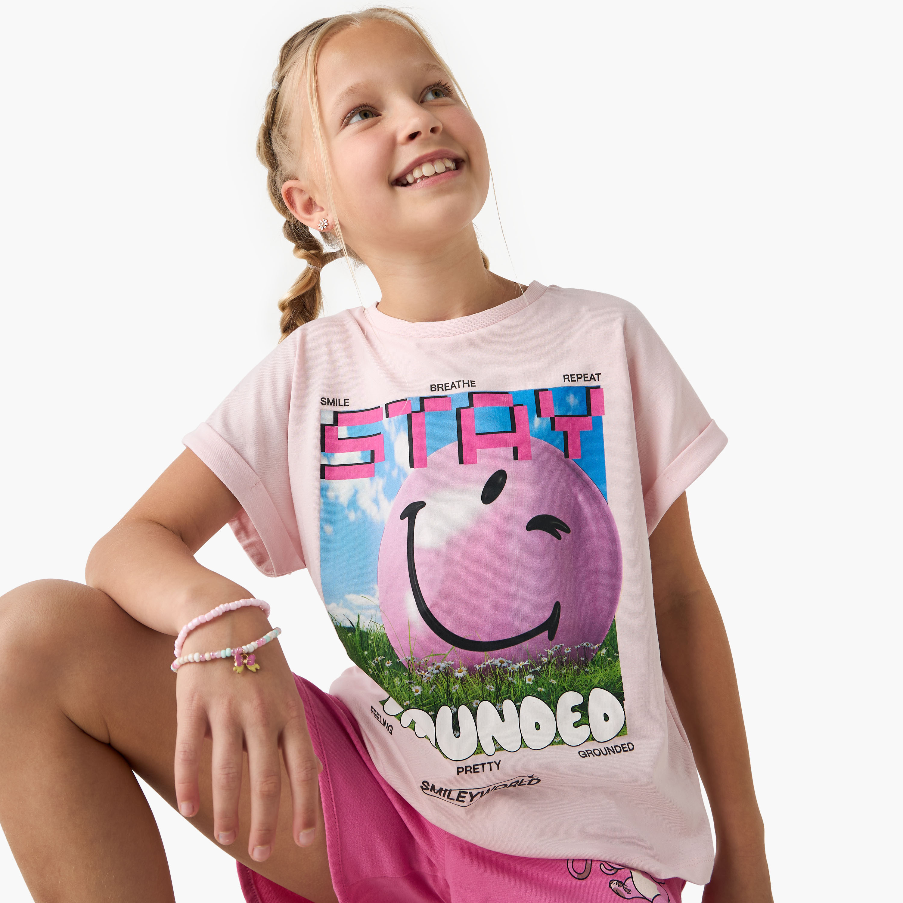 Smiley World Print T-shirt with Round Neck and Short Sleeves-girls-clothing-tshirts-image-1
