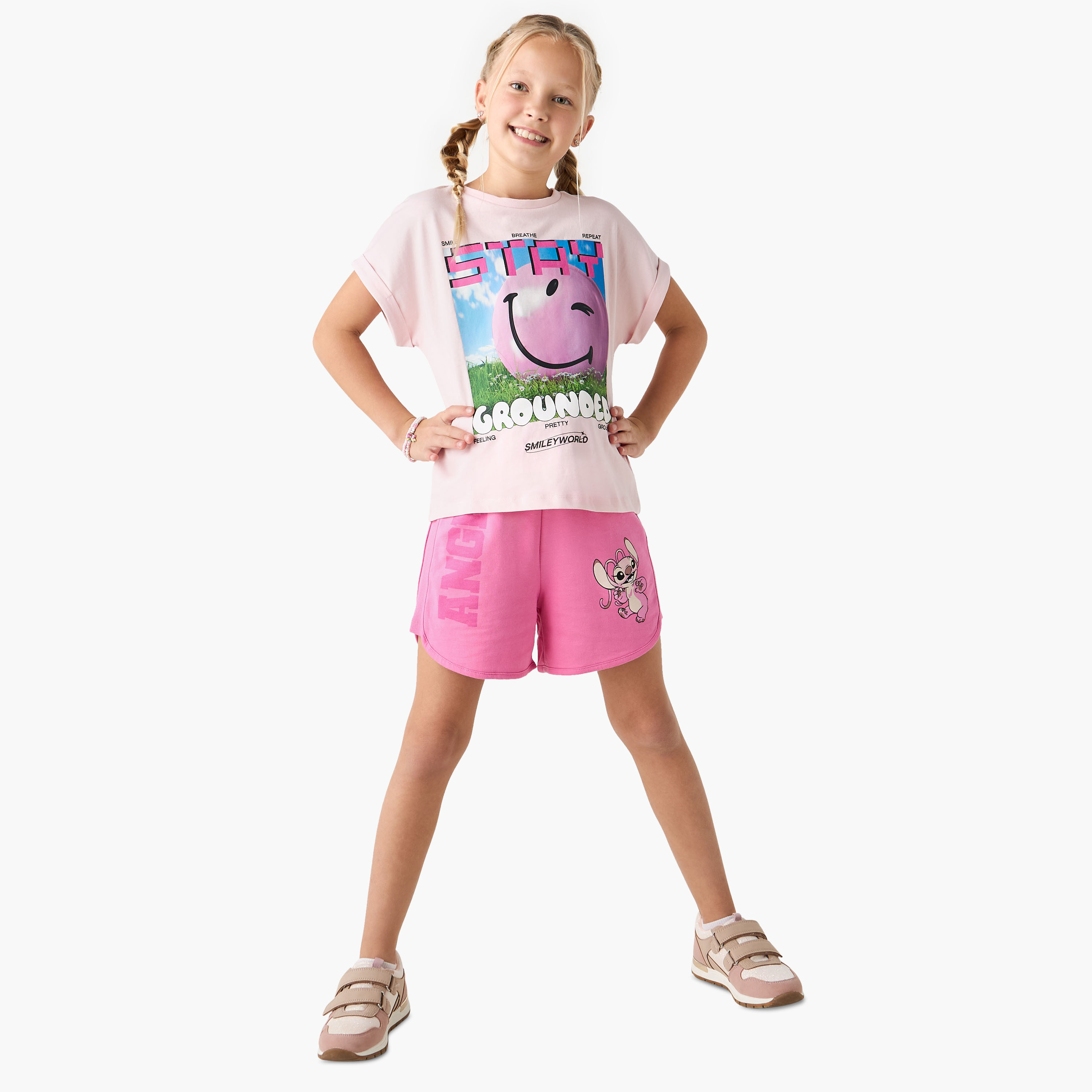 Smiley World Print T-shirt with Round Neck and Short Sleeves-girls-clothing-tshirts-image-2