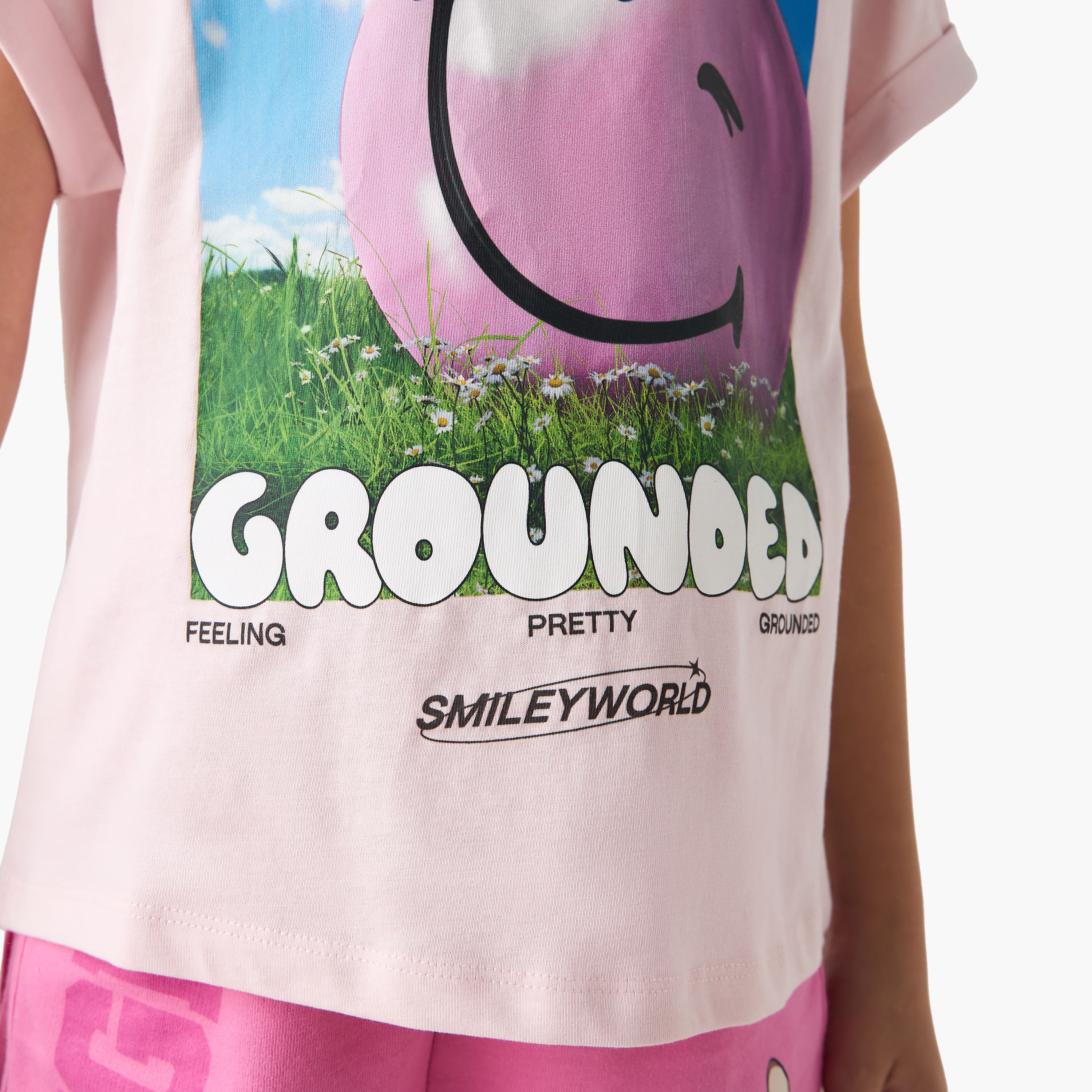 Smiley World Print T-shirt with Round Neck and Short Sleeves-girls-clothing-tshirts-image-4